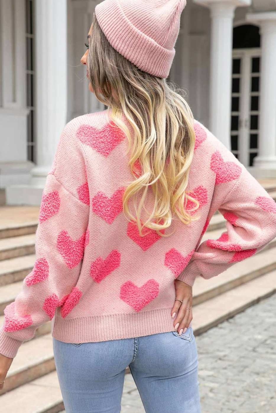 Light Pink Valentine Heart Jacquard Knit Sweater — DazzleBar