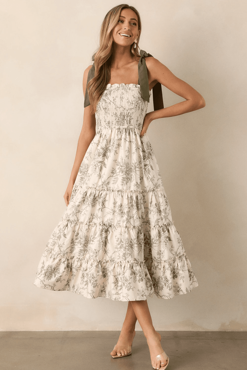green floral tiered midi dress The Riona Floral Tiered Midi Dress in Blue + Kelly Green X-Small main image 0