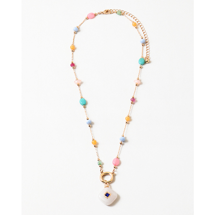 Vibrant Multi-Color Bead Necklace with Square Pendant