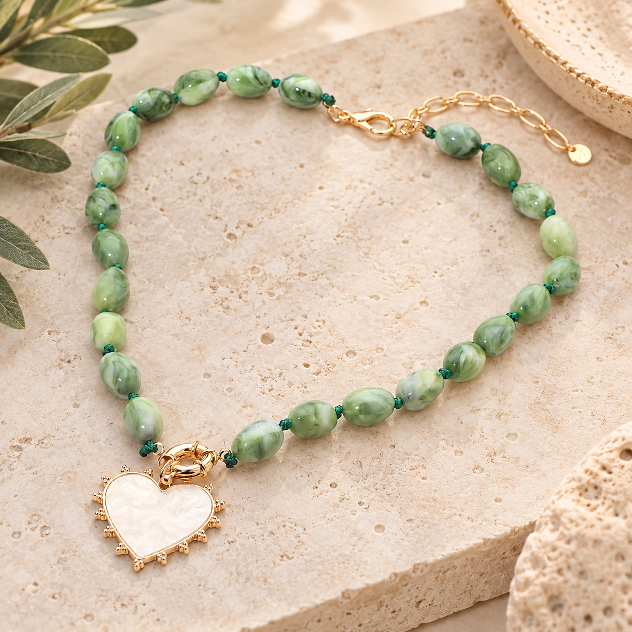 Mother of Pearl Heart Pendant Beaded Necklace