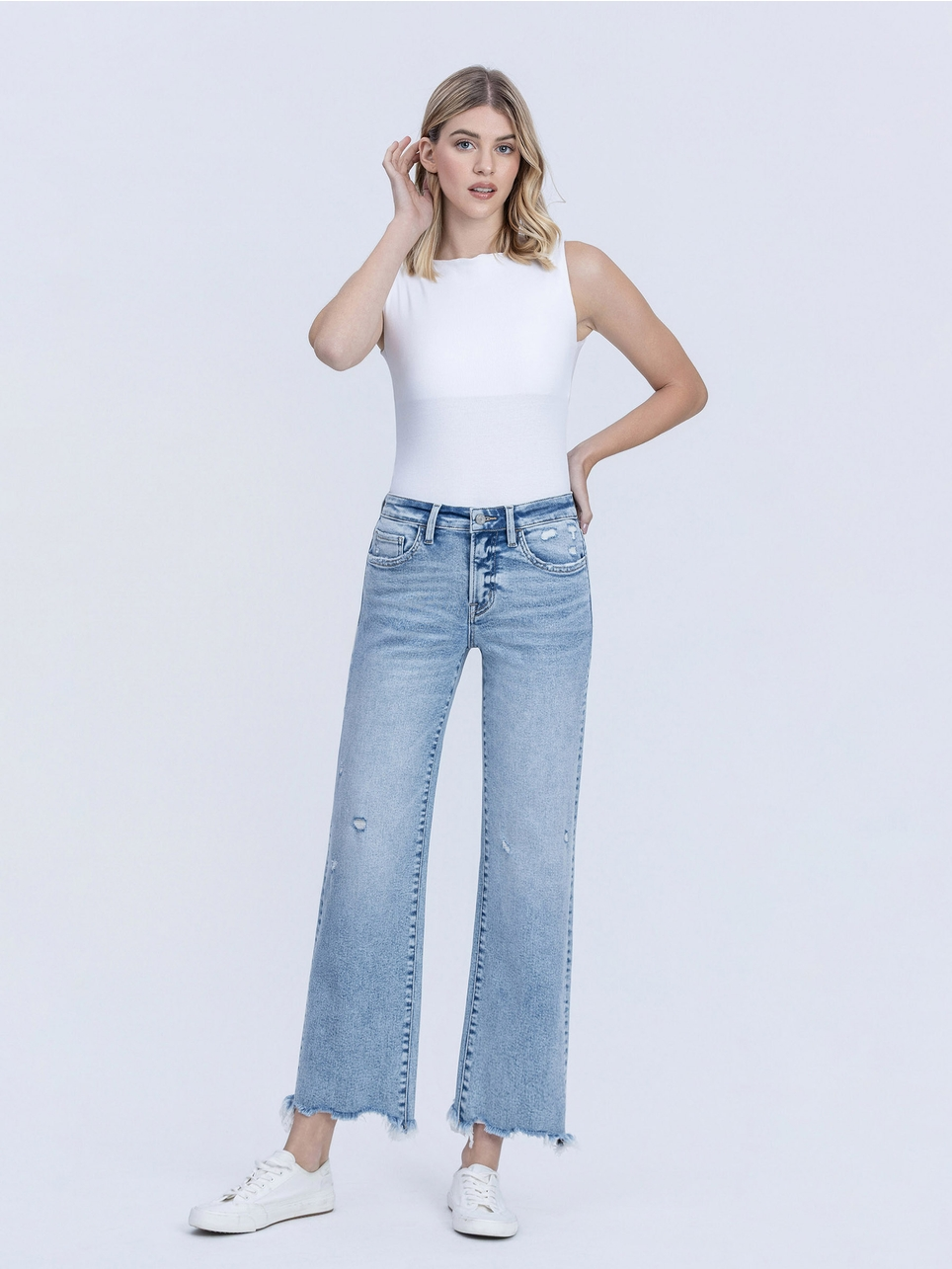 Vervet Mid Rise Uneven Raw Hem Slim Wide Jeans