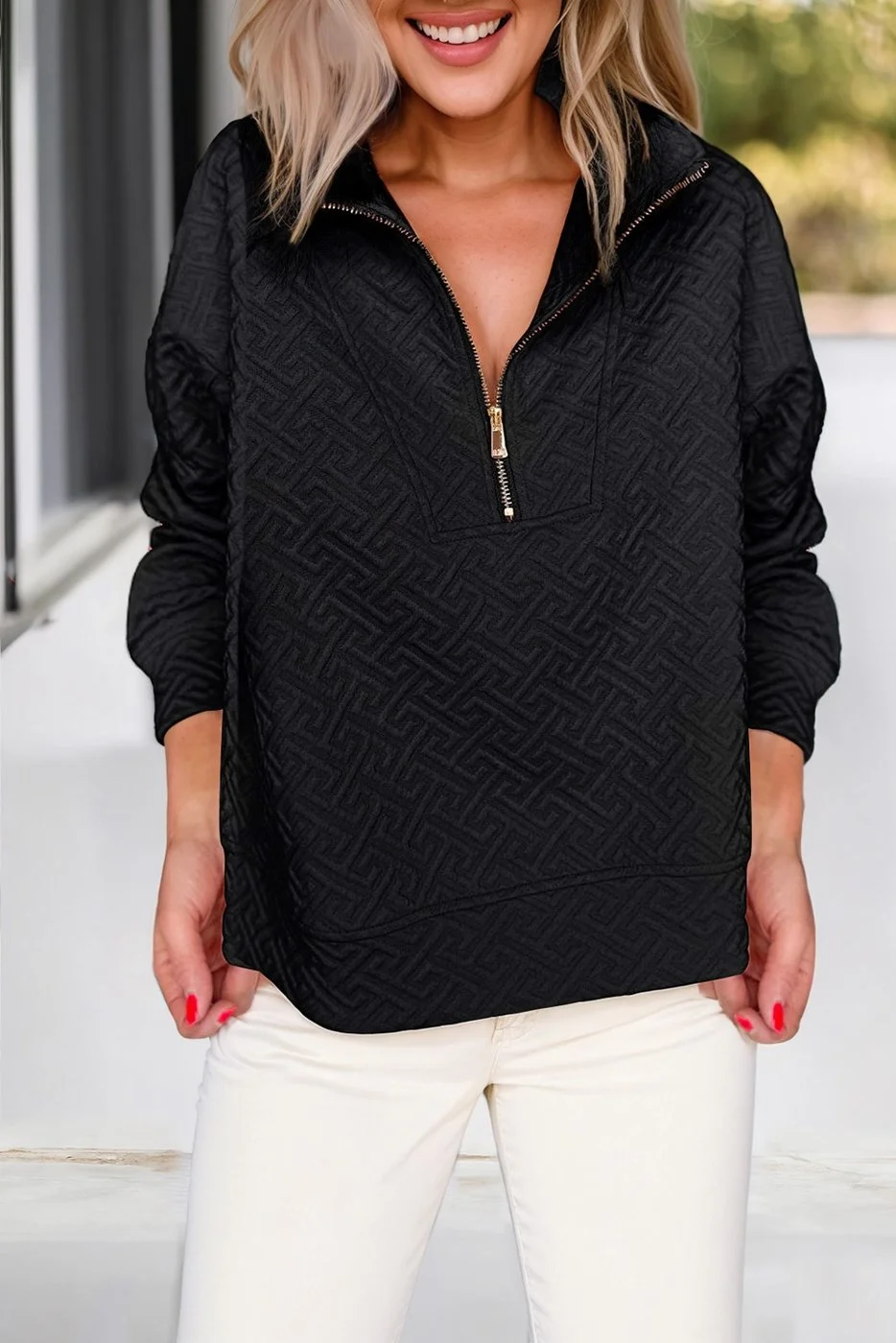 Solid Textured Half Zipper Collared Sweatshirt- Black