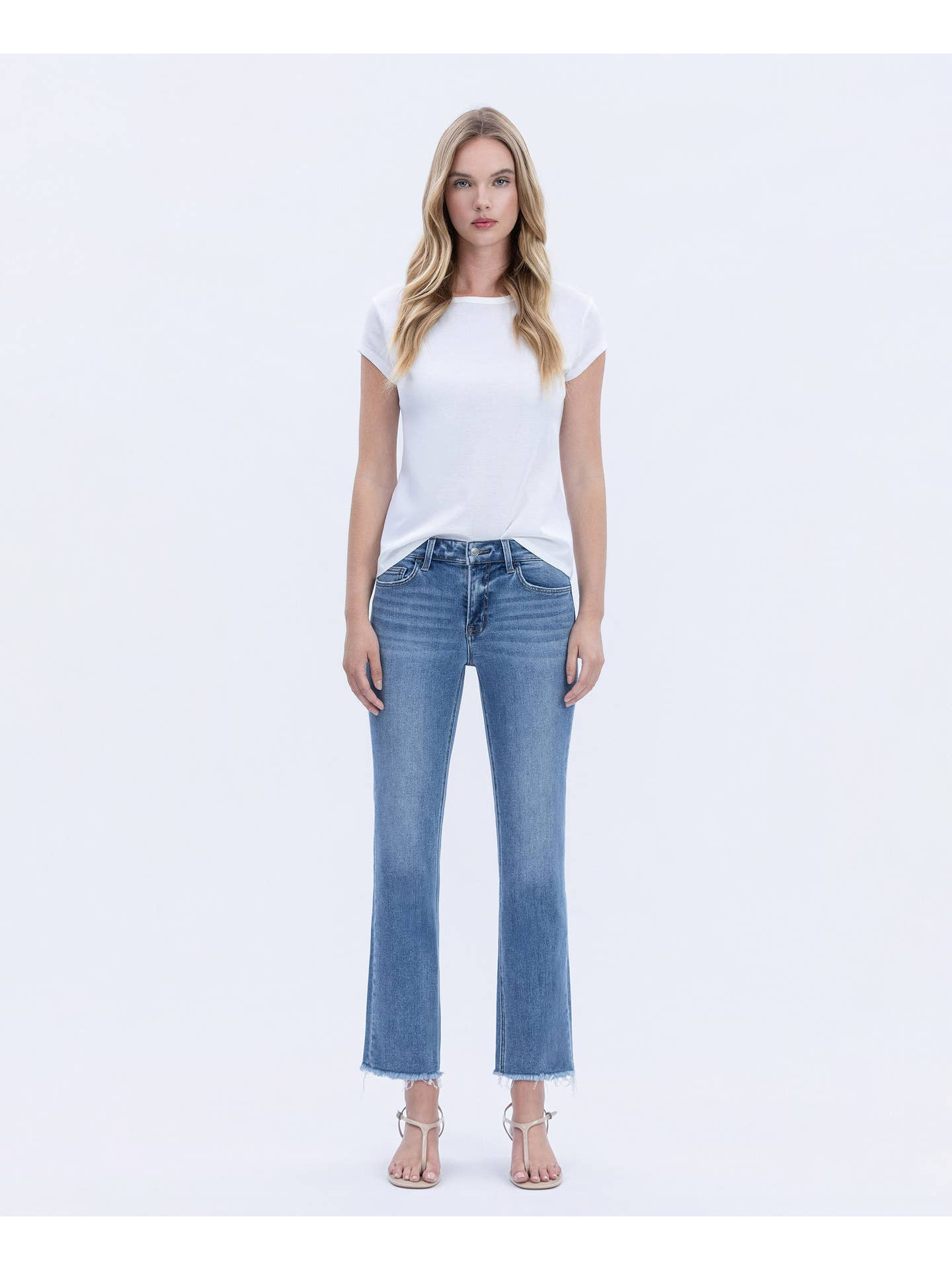 Vervet Mid Rise Medium Wash Raw Hem Crop Straight Jeans