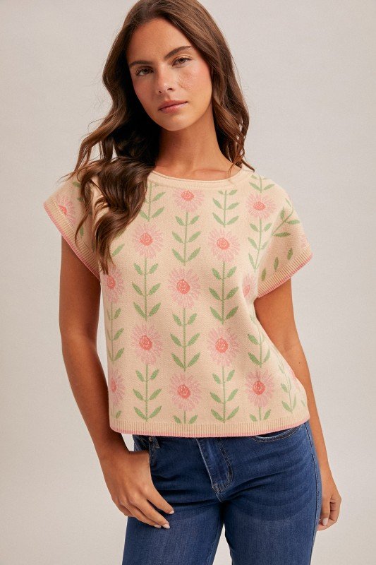 Pastel Floral Knit Cap Sleeve Top
