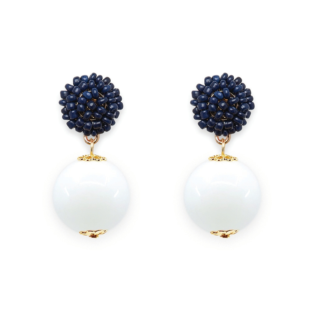 Navy Seed Bead White Candy Earrings