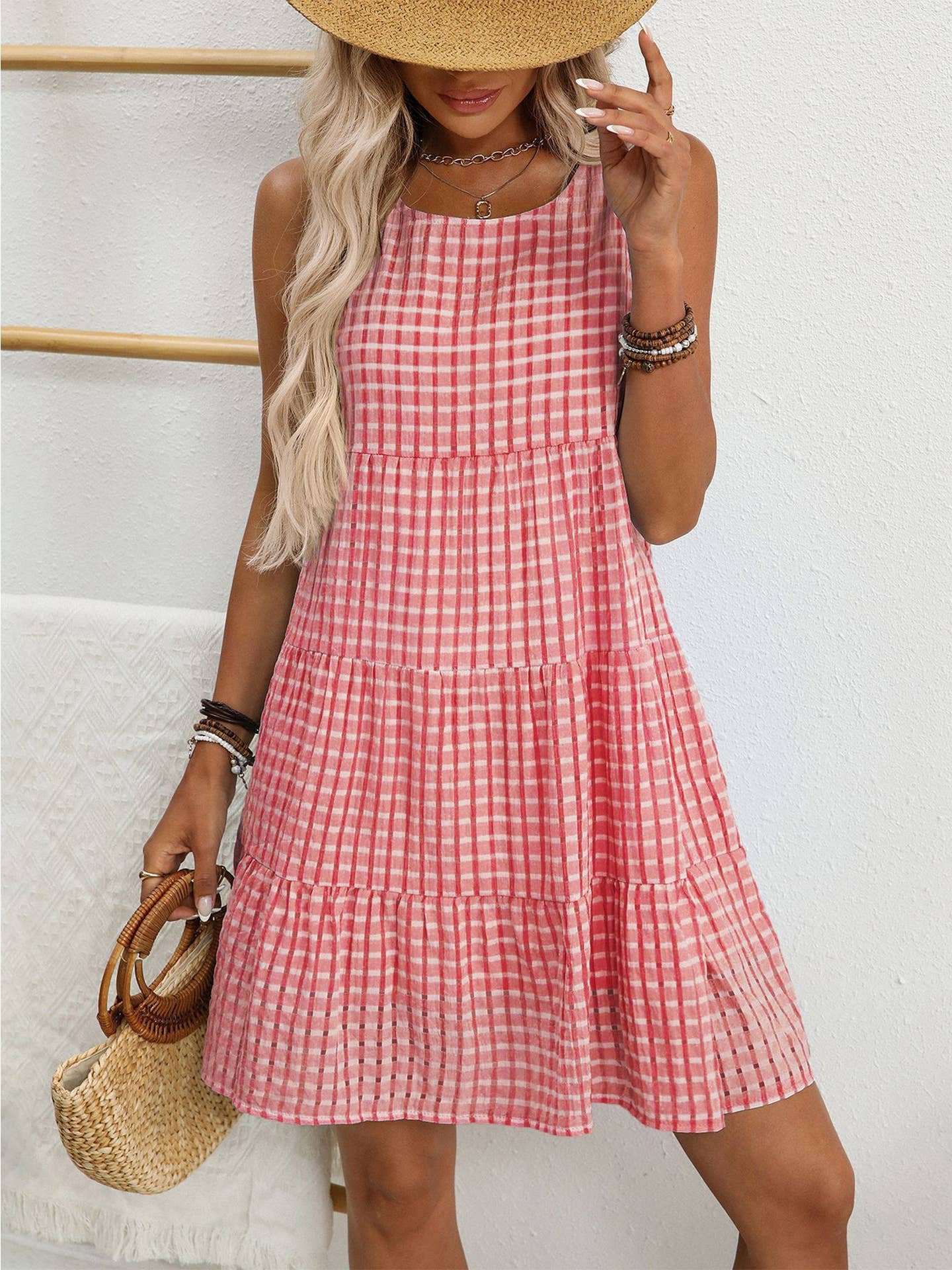 Red Sleeveless Plaid Dress