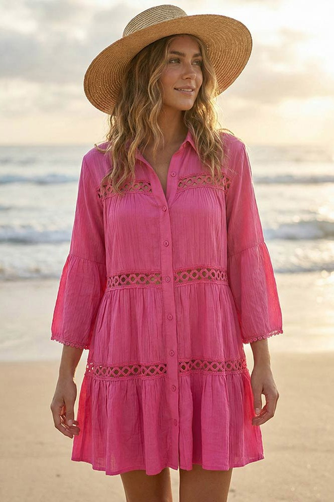 Button Front Lace Trim Beach Shirt Dress