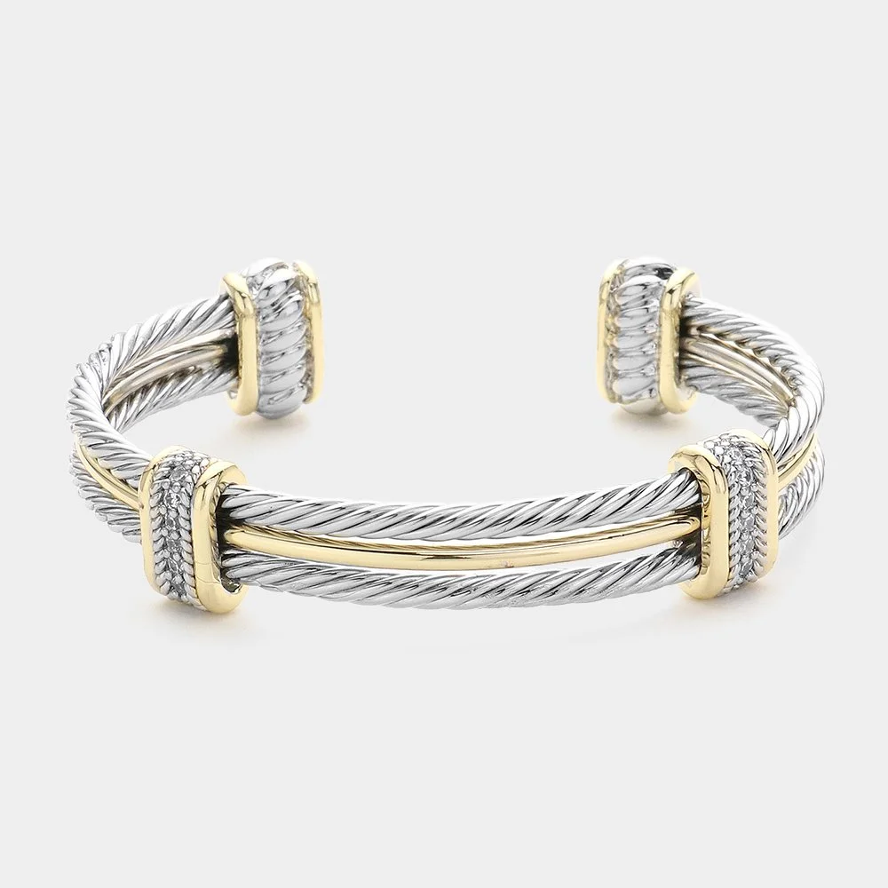 CZ Stone Pavé Two Tone Metal Rope Cuff Bracelet