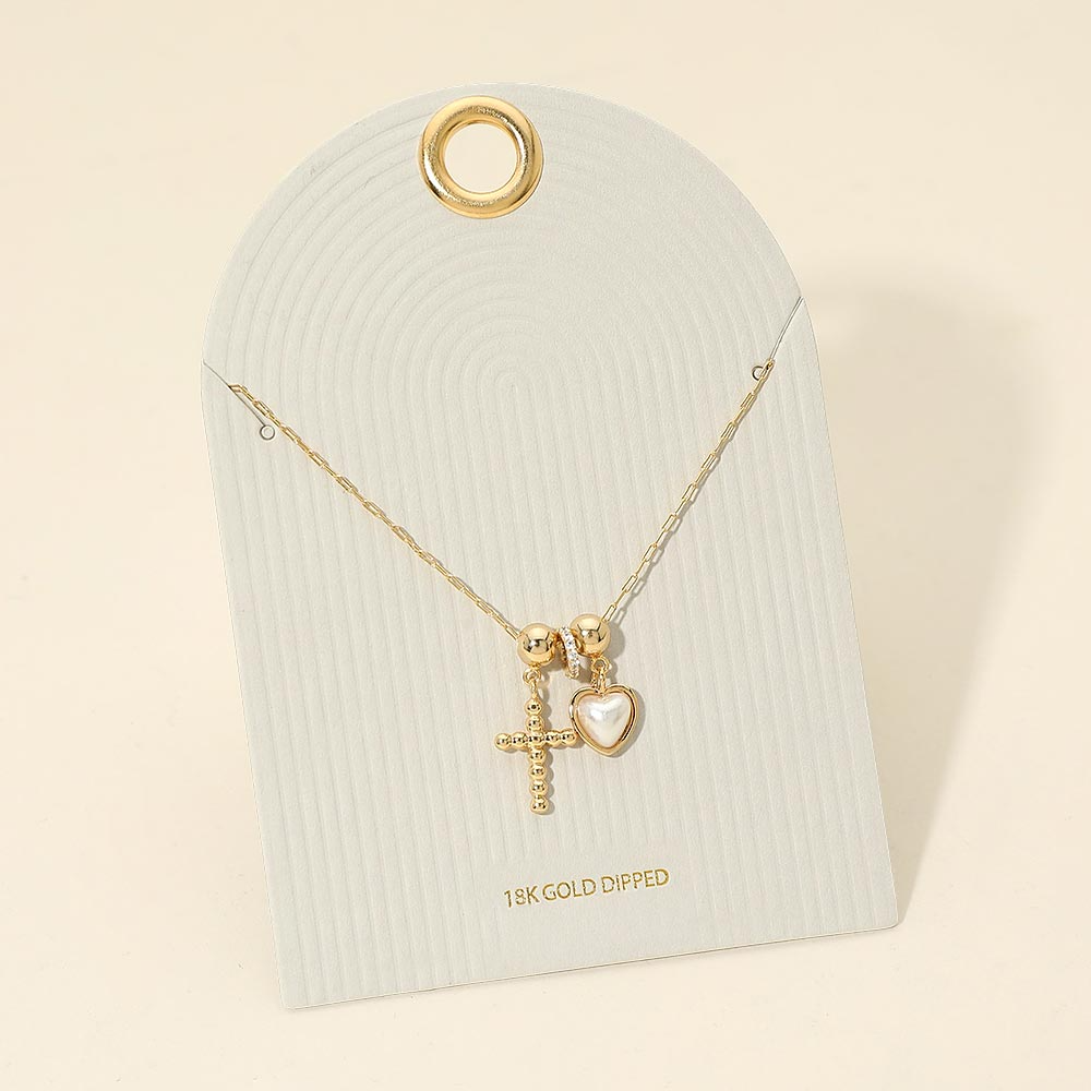 18K Gold Dipped Beaded Cross Pearl Heart Necklace
