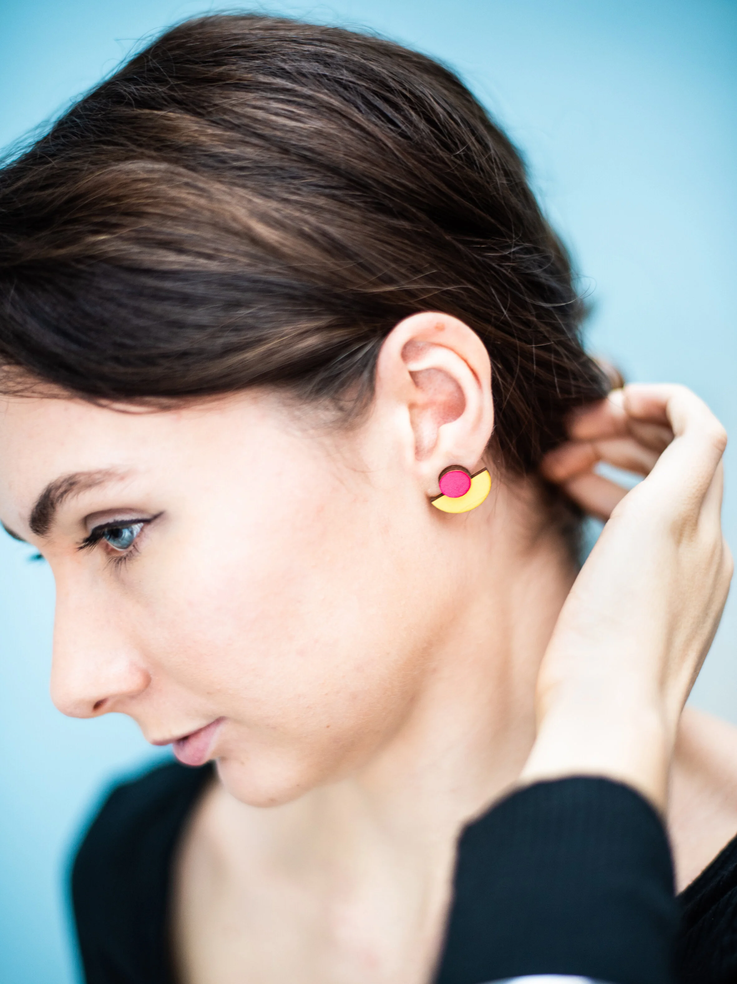 Earrings - Fluro Pink Studs With Yellow Moon