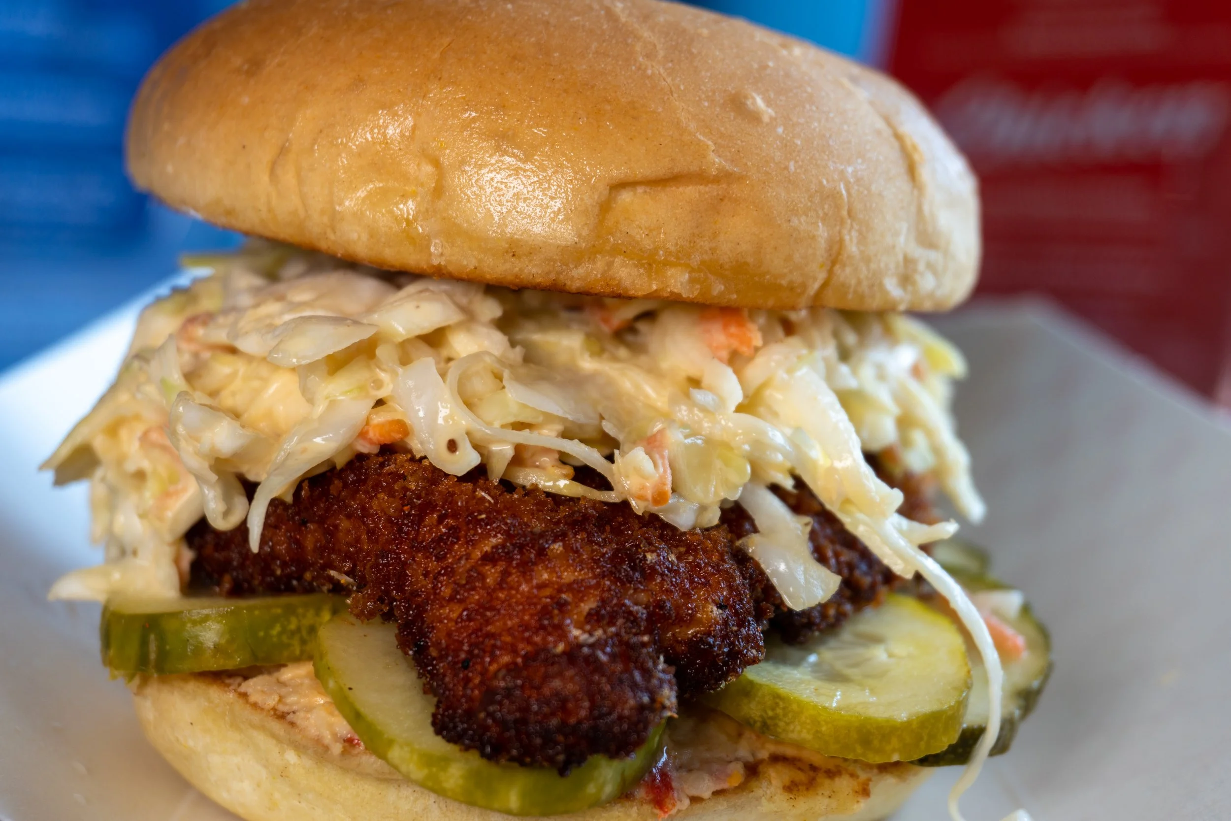 MOD's crispy chicken.  Fried chicken, Housemade coleslaw, Pickles, and Pimento!