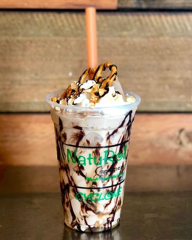 When life gets tough, SHAKE IT 🥤
We&rsquo;ve taken our delicious rolled ice cream and made CYCLONES to enjoy anytime! 
This is our main menu creation, #3 Sweet and Salty. Mixed with a  chocolate base, pretzels, caramel and a dash of sea salt, this w