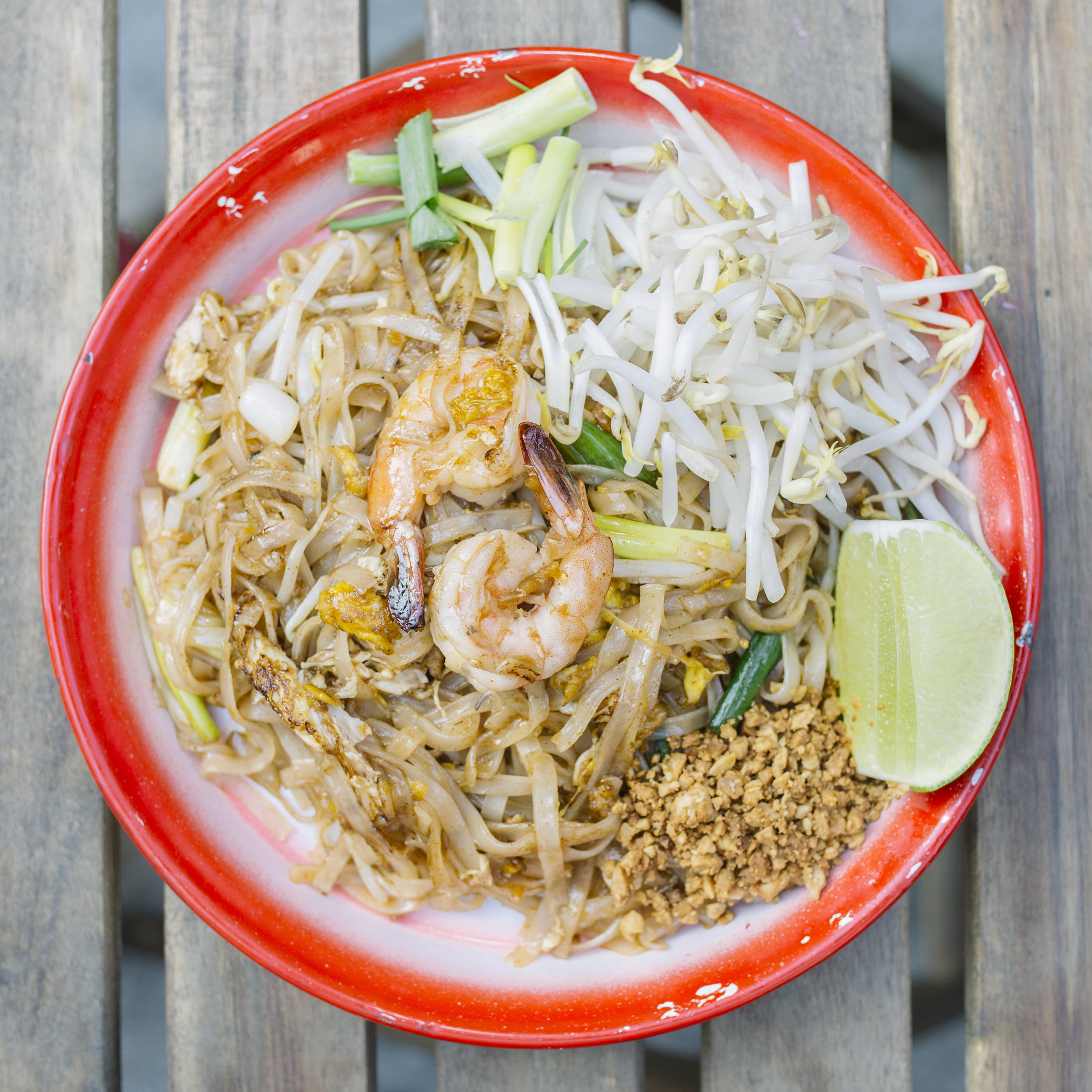 Pad Thai - Stir Fried Fresh Rice Noodles with Beansprouts, Chive, Scallion, Roasted Peanuts, and Egg