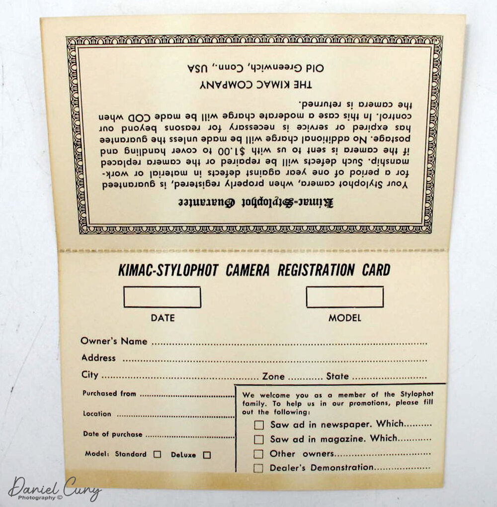 Stylophot camera warranty card, rear.