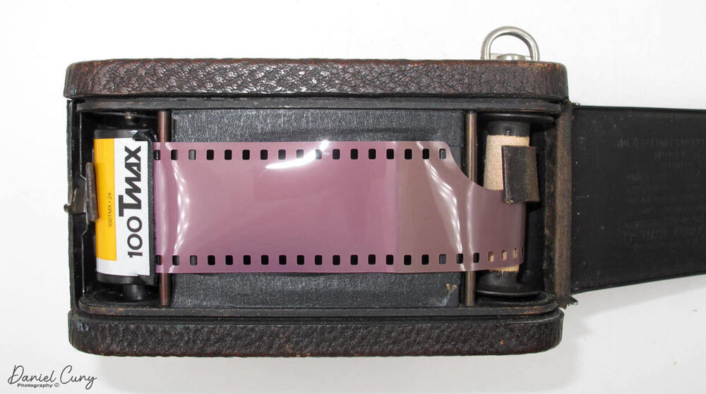 Film loaded into the No. 0 Folding Pocket Kodak
