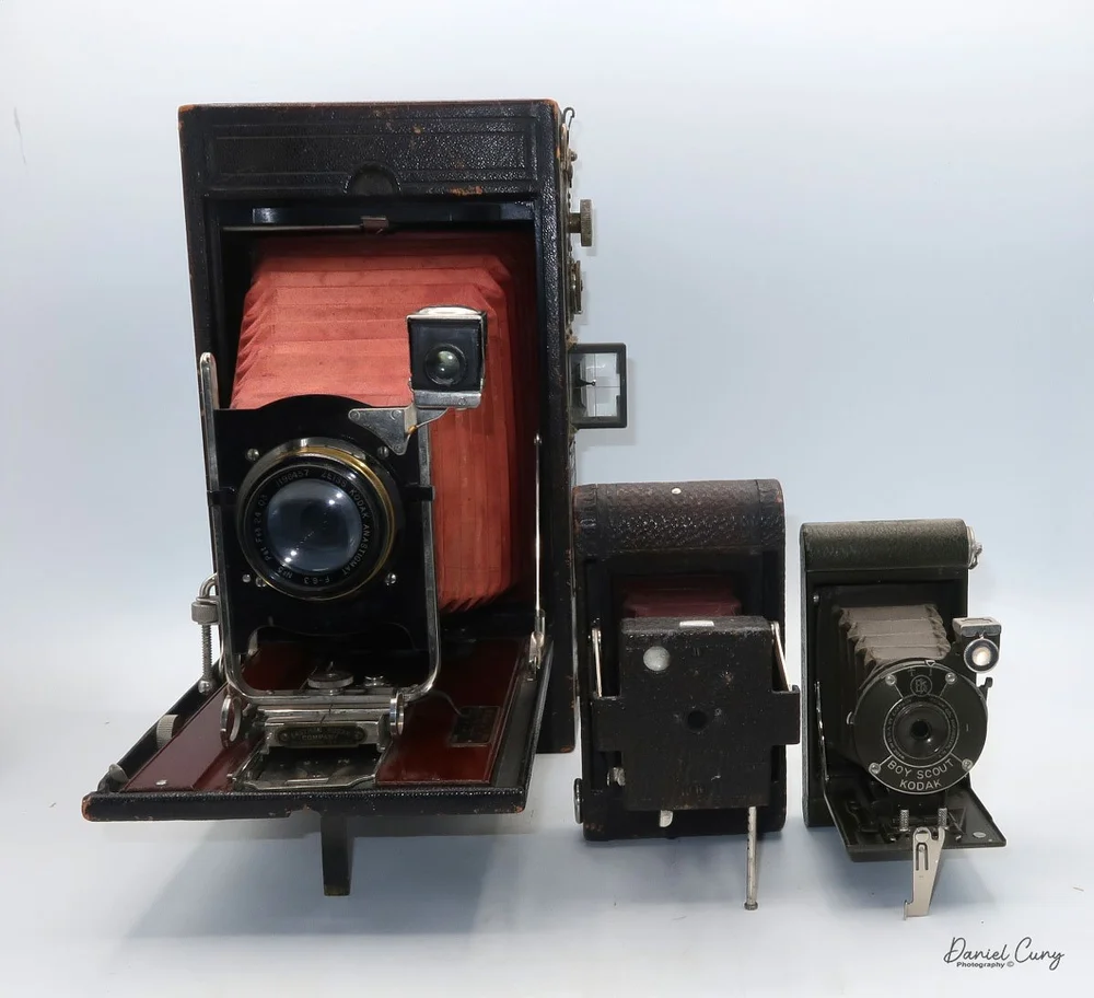No. 4A Speed Kodak size comparison. Smalest camera is Boy Scout Pocket Camera
