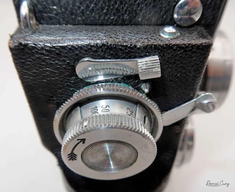 Shutter speed dial and film advance.