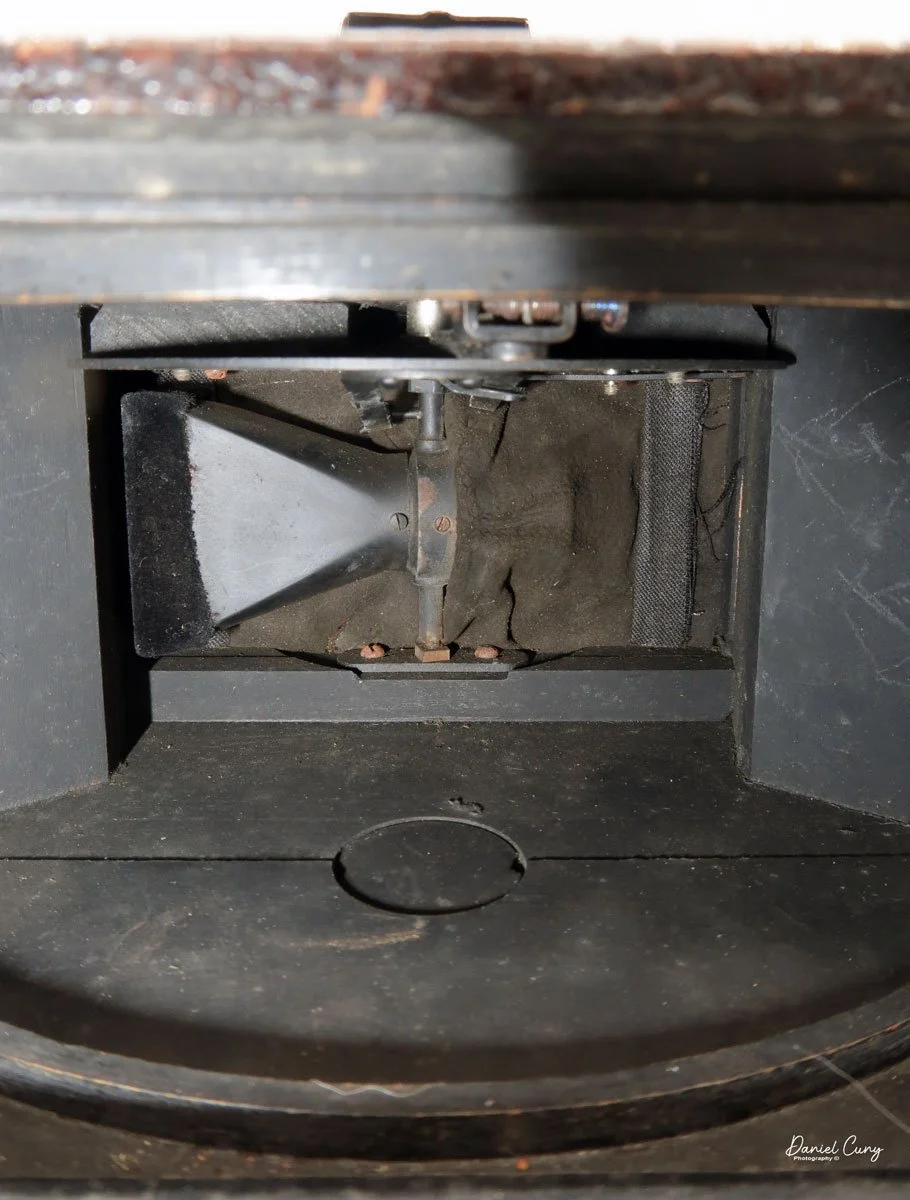 Close-up view of swinging lens from inside the camera