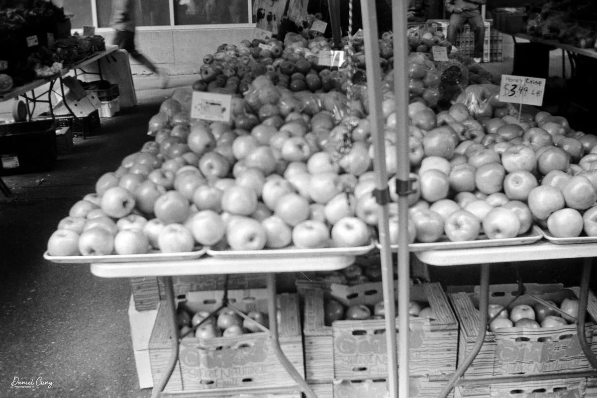 Apples on one of the stands. Nothings really sharp.