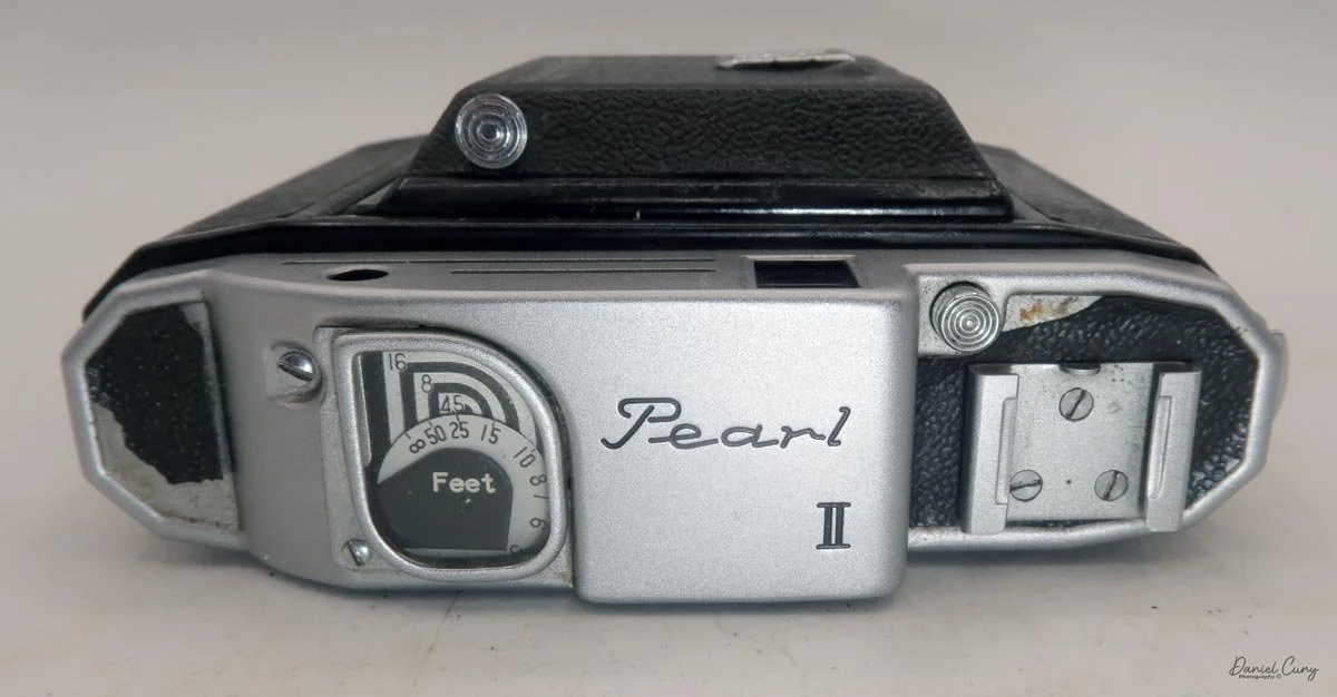 Top view of Konica Pearl II camera.