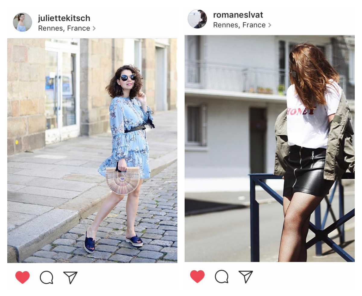 Juliette porte notre jolie robe à fleurs bleues ceinturée (on adore) et lui va juste à merveille. Romane porte notre tee-shirt Honey rentré dans une jupe en cuir et une veste army c'est CANON 