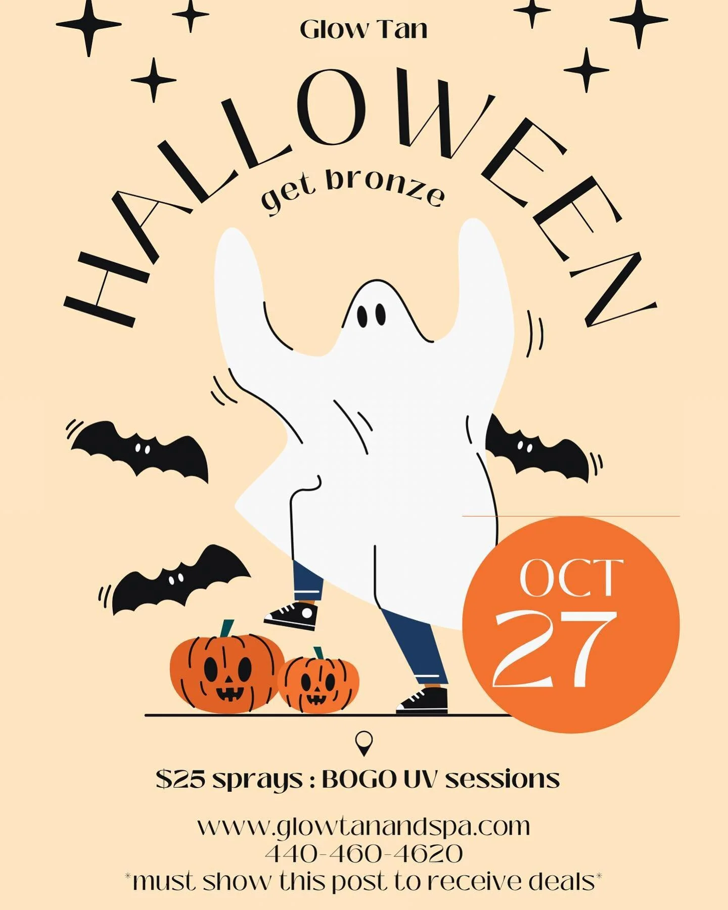 killer halloween deals at glow!! we&rsquo;re offering $25 sprays and buy one get one free UV sessions (max 5) on friday the 27th! stop in and let&rsquo;s get spooky 🎃👻