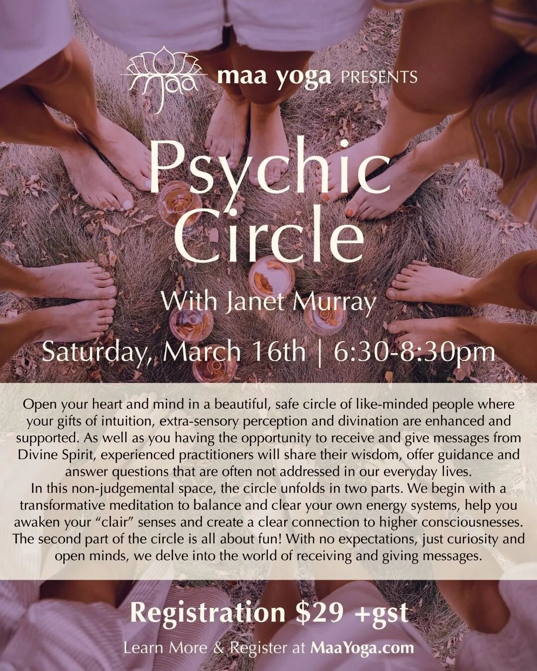 Saturday, March 16th | 6:30 - 8:30 pm.  Open your heart ❤️and mind 🧠in a beautiful, safe circle of like-minded people where your gifts of intuition🙇, extra sensory perception👀 and divination ⁉️are enhanced and supported.💝

As well as you having t