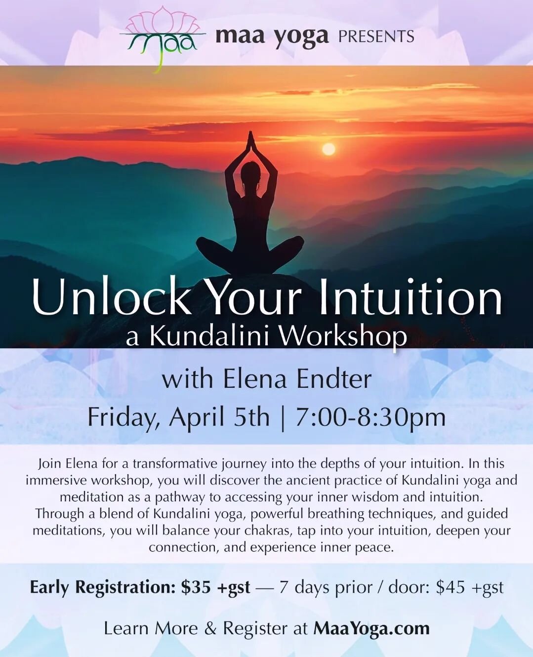 💗Join Elena for a transformative journey into the depths of your intuition.🤹&zwj;♀️ . 
🗓  Friday, April 5th | 7:00 - 8:30 pm
In this immersive workshop, you will discover the ancient 🎎 practice of Kundalini yoga ☯️ and meditation 🧘&zwj;♀️as a pa