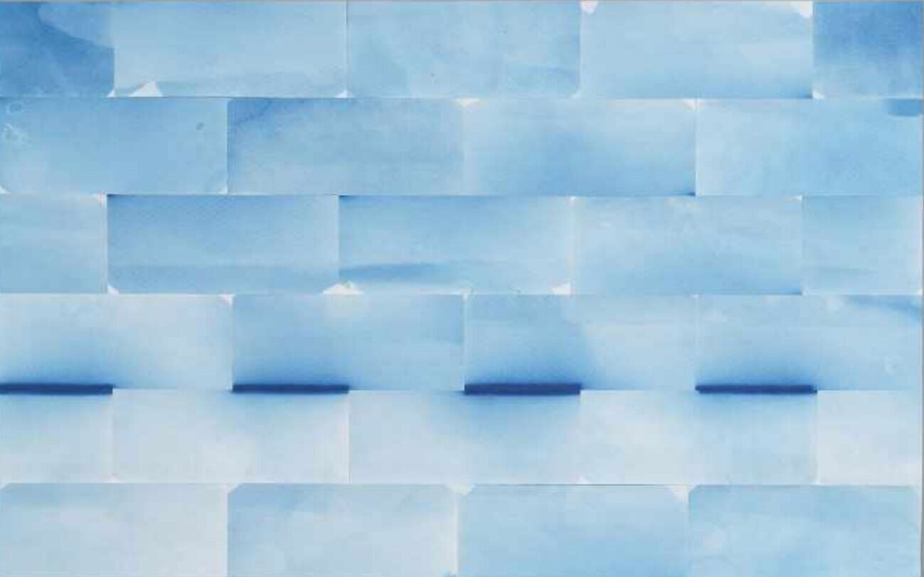 Stan Shellabarger, pass through light, 2019, cyanotypes, archival bookbinding tape, 12 1/4 x 19 1/2 inches