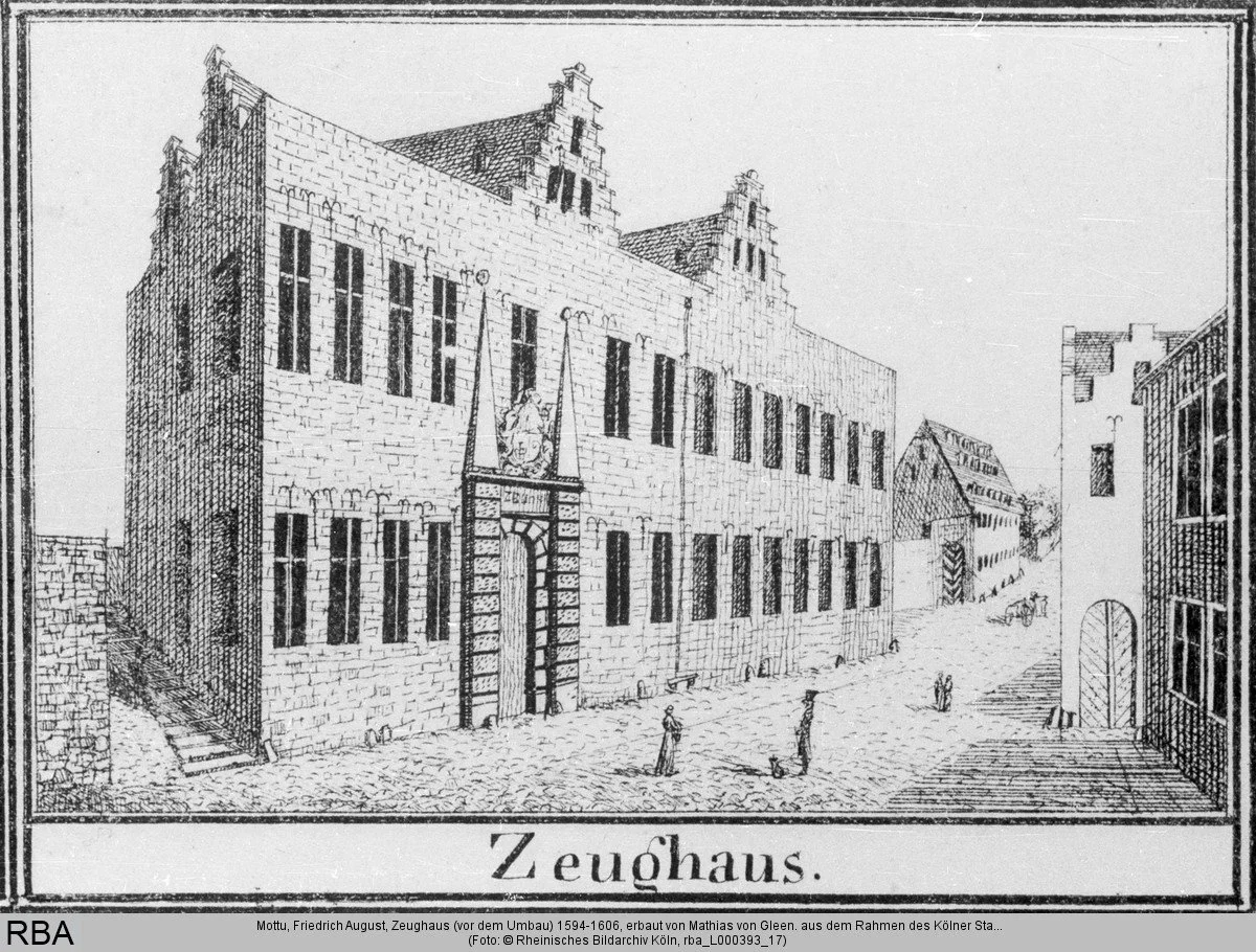 Historische Zeichnung des Kölner Zeughauses mit seiner ursprünglichen Renaissancefassade vor dem Umbau