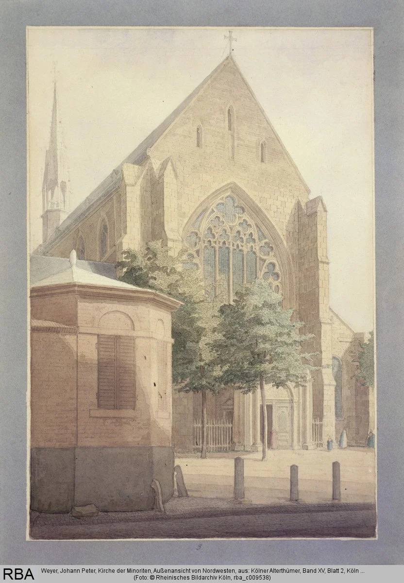 Historische kolorierte Zeichnung der Minoritenkirche in Köln aus dem 19. Jahrhundert. Zu sehen sind die gotische Westfassade mit großem Maßwerkfenster sowie der Vorplatz mit Bäumen und wenigen Passanten.
