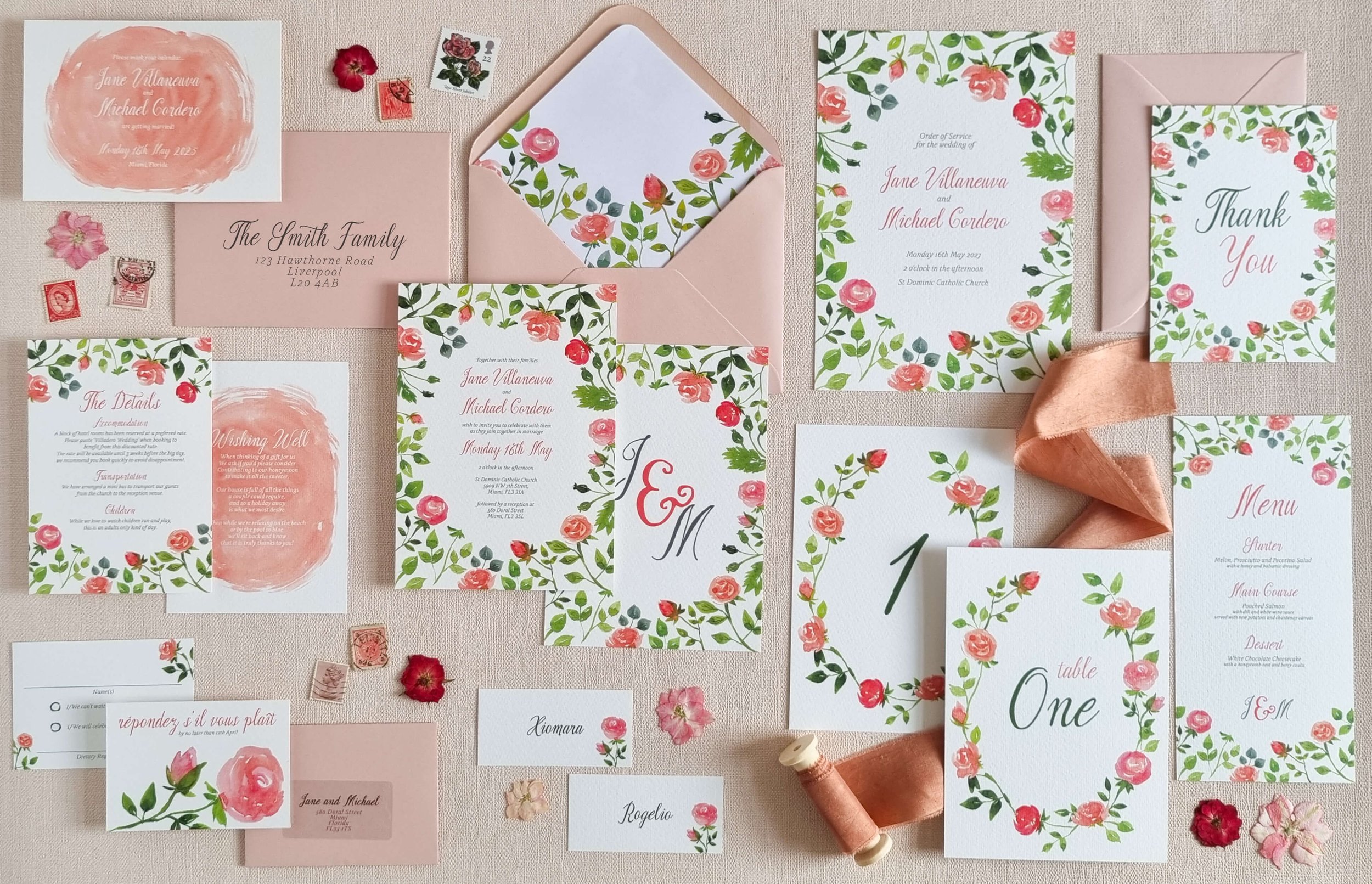 Rose Garden Wedding Stationery Collection Romantic Rose Save the Dates Watercolour