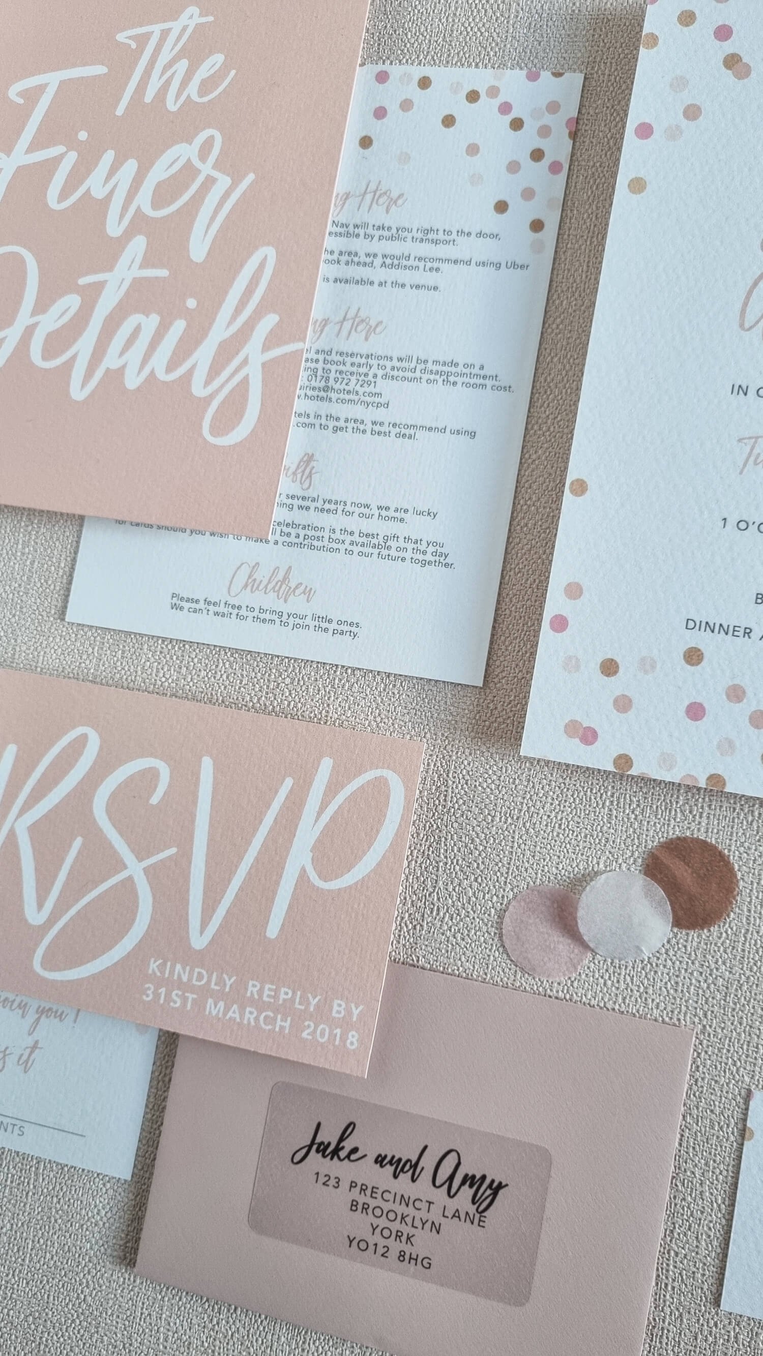 Blush Confetti Details and RSVP Cards with Addressed Envelope