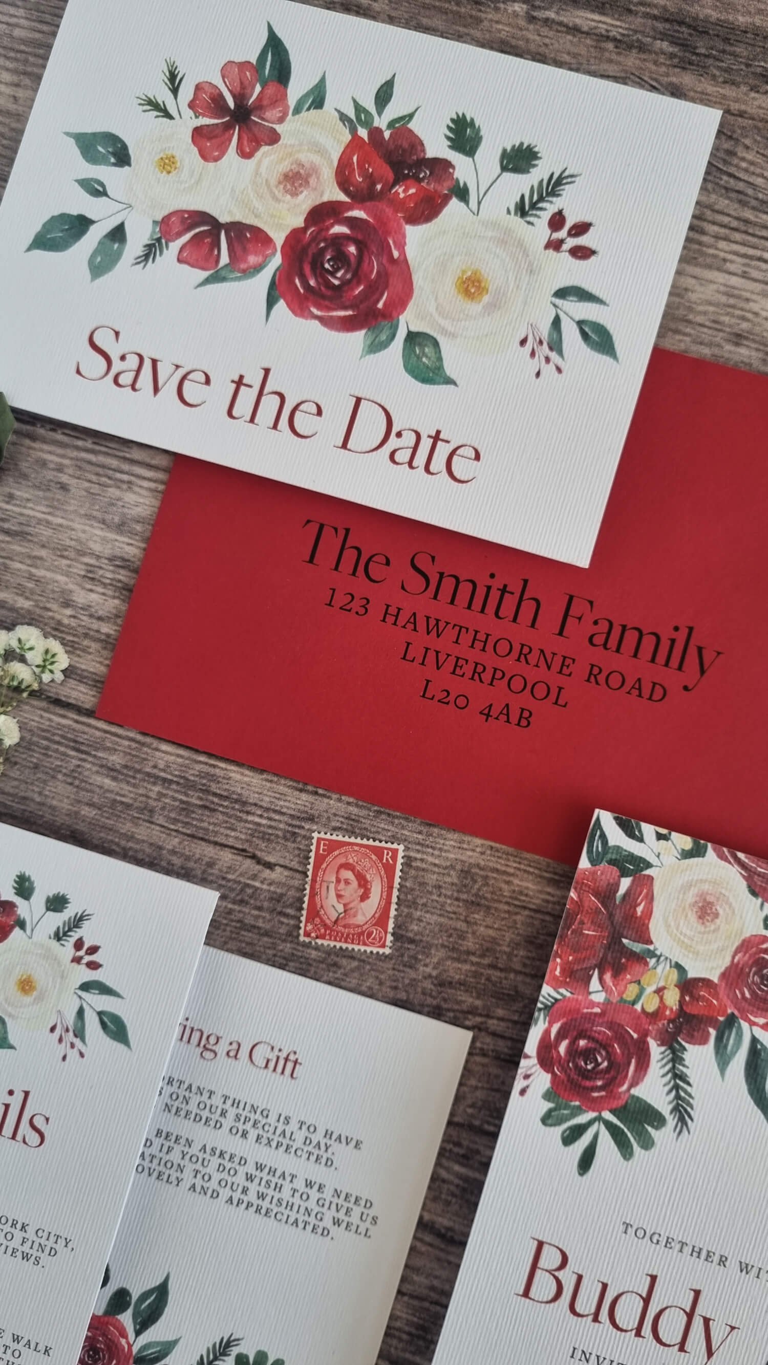 Festive Winter Floral Save the Date and Guest Addressed Envelop