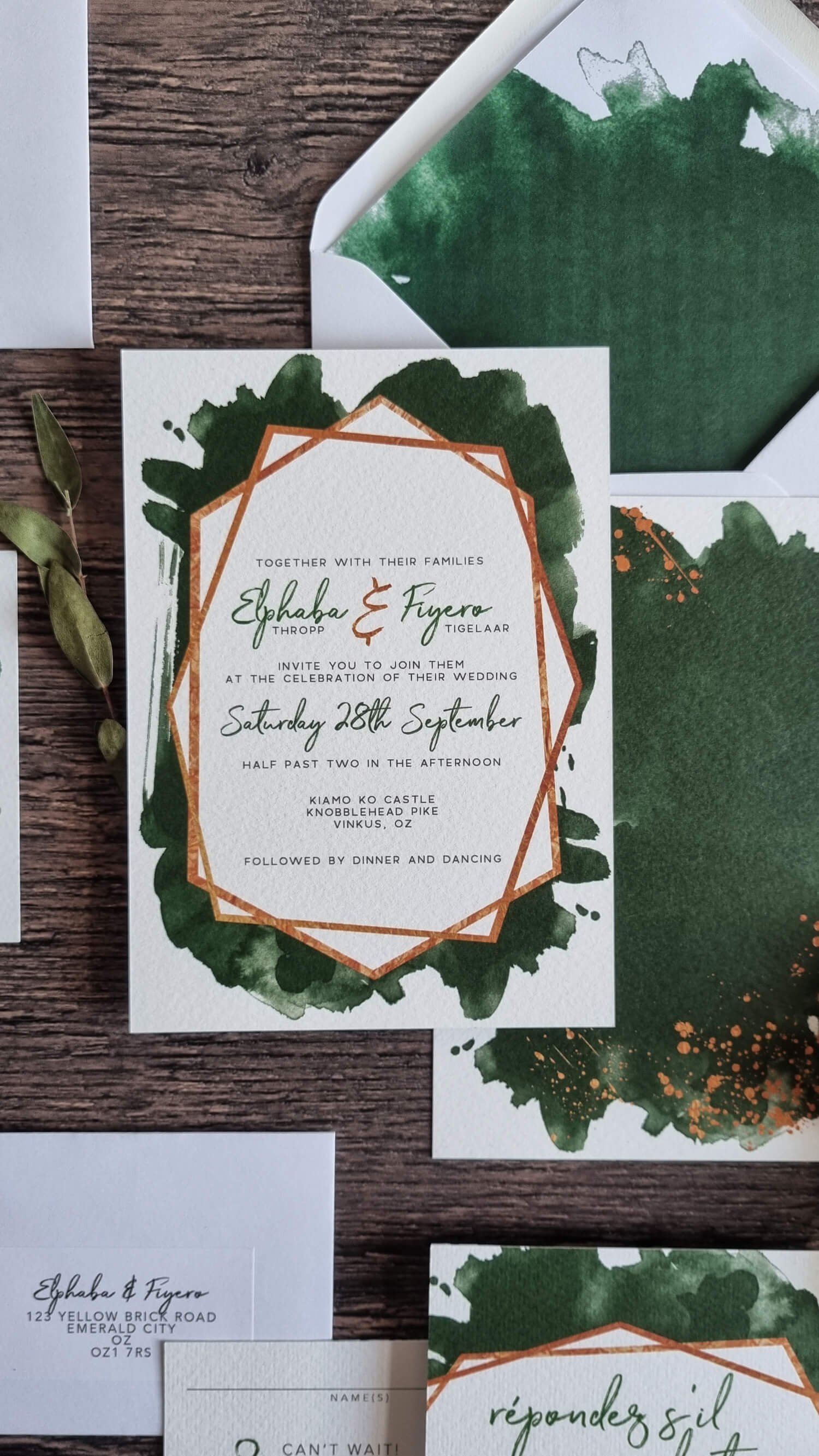 Geometric Emerald Wedding Invitation and Lined Envelope