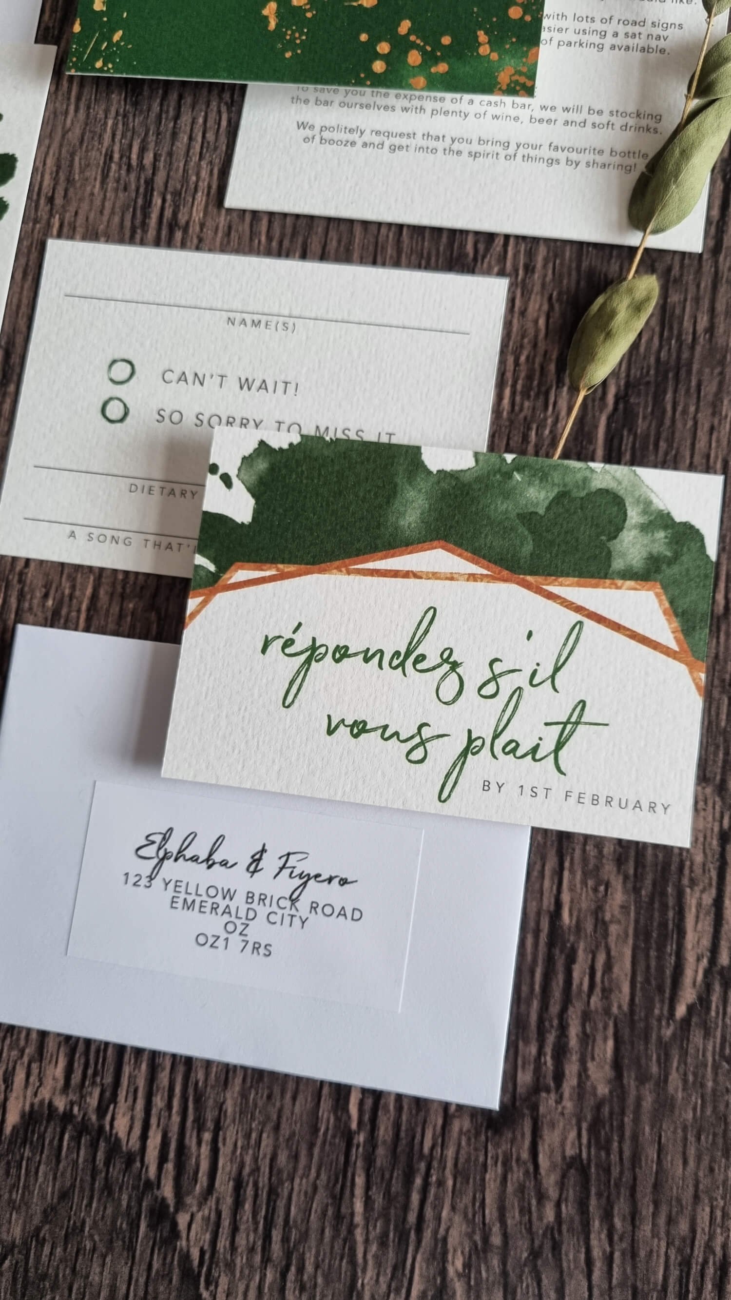 Geometric Emerald RSVP Card and Return Addressed Envelope