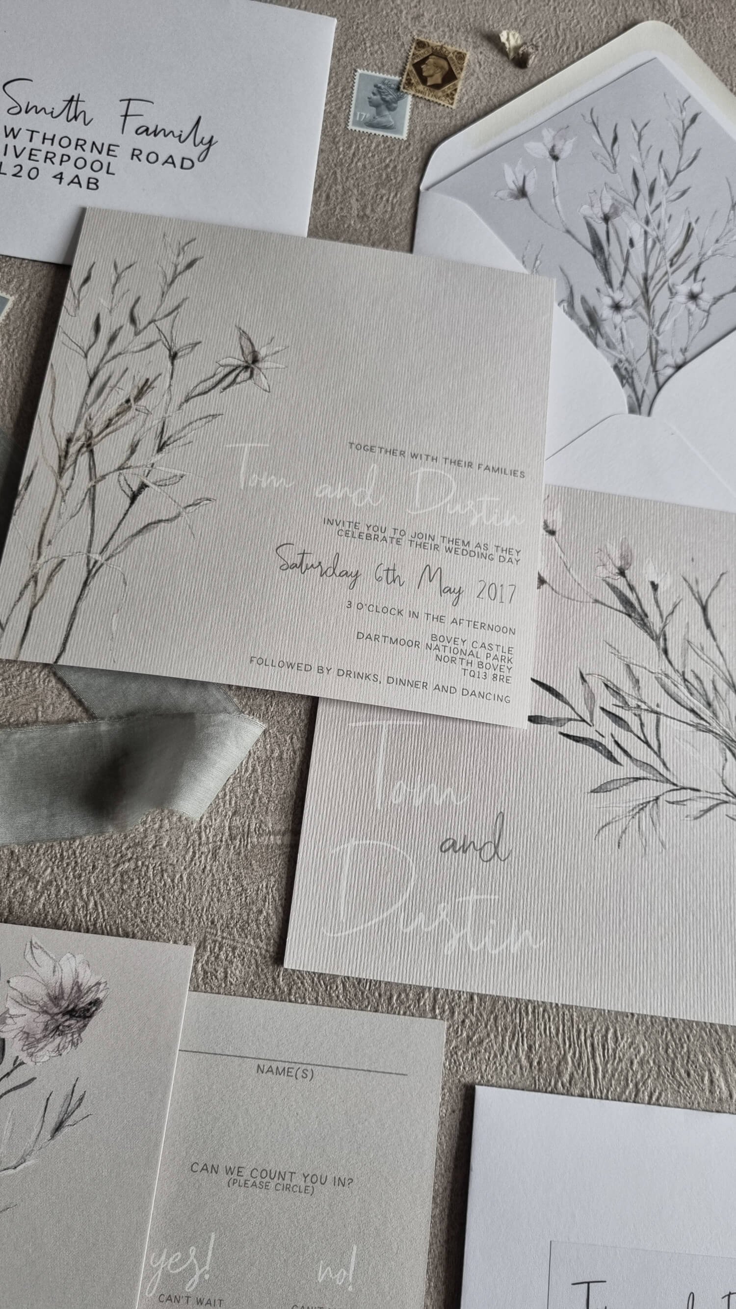 Whisper Grey Wedding Invitation with Lined Envelope