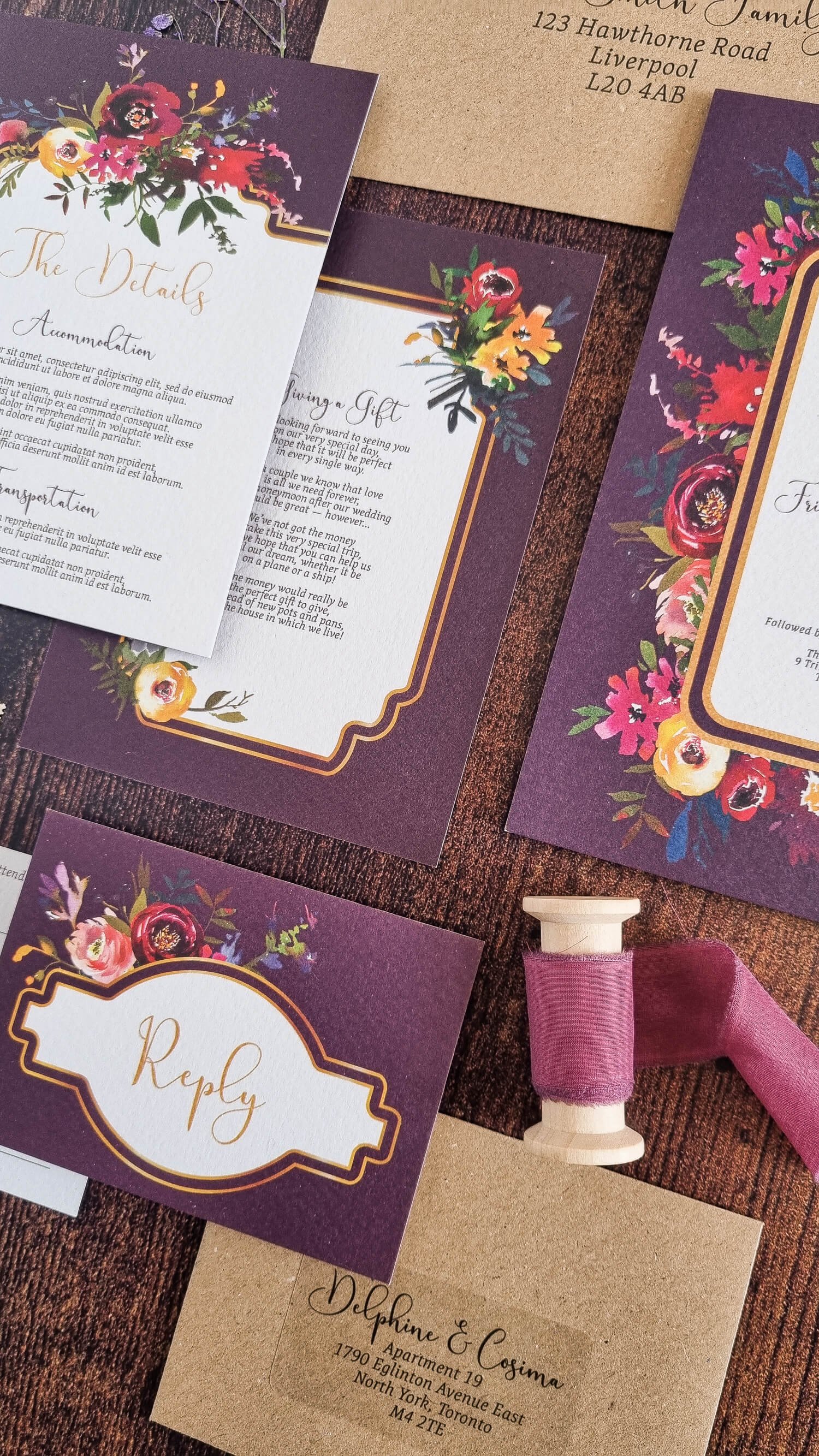 Jewelled Plum Floral Wedding Stationery