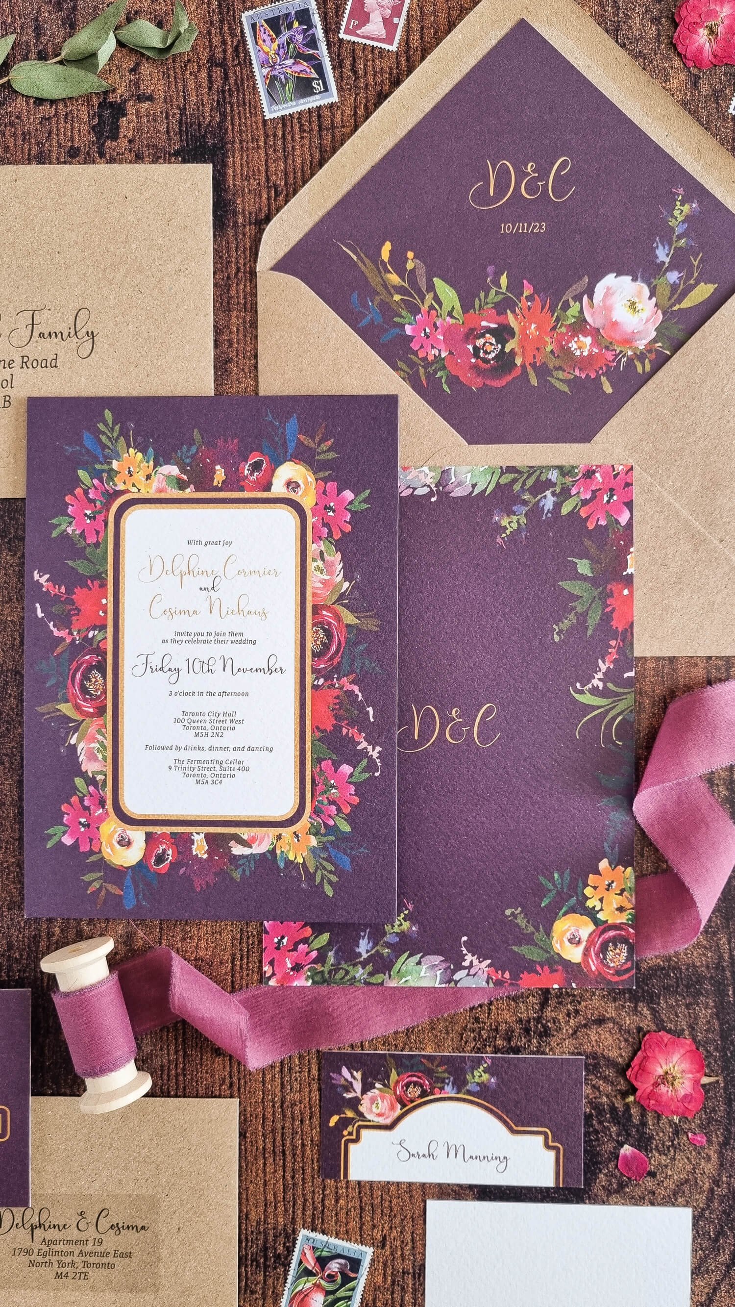 Jewelled Plum Floral Wedding Invitation Suite