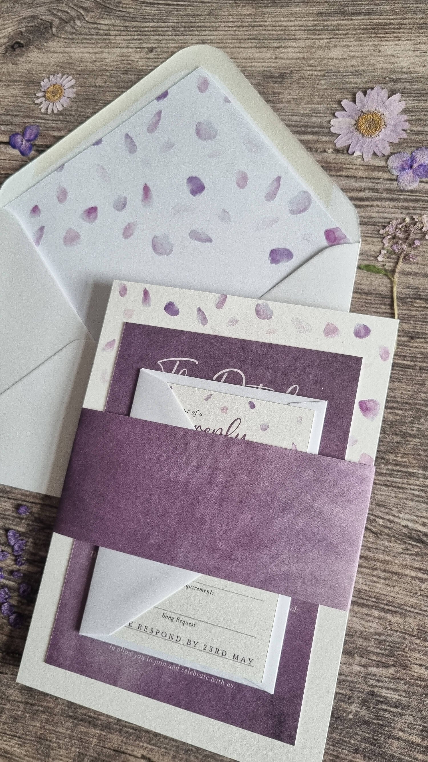 Lavender Petals Wedding Invitation Suite with Belly Band