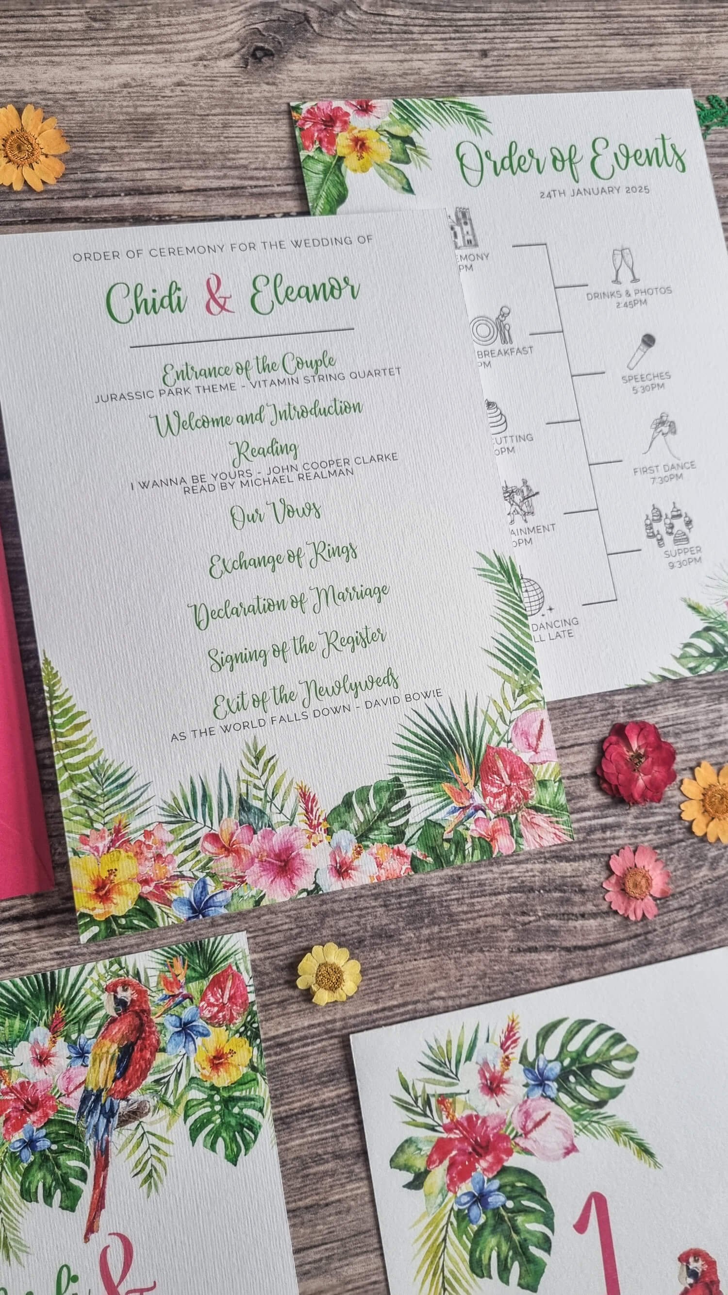 Rainforest Feathers Order of Service and Wedding Timeline