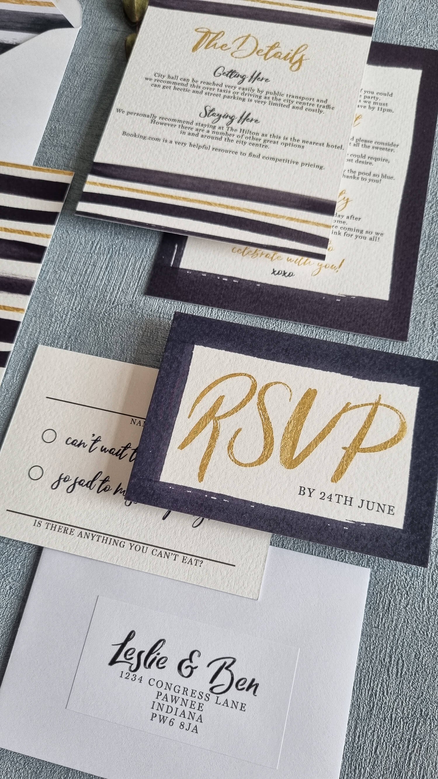 Navy and Gold RSVP Cards with Return Addressed Envelope