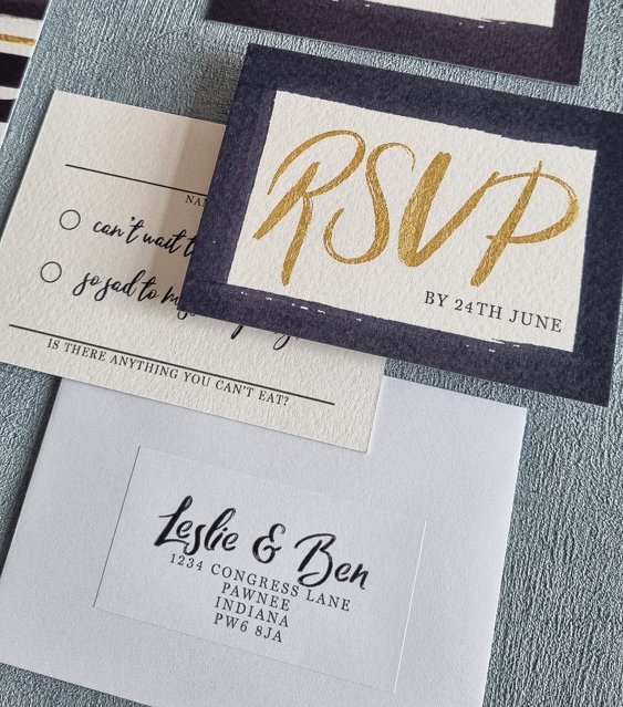 Navy and Gold RSVP cards with return addressed envelope