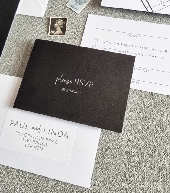 Minimal Monochrome RSVP cards with return addressed envelope