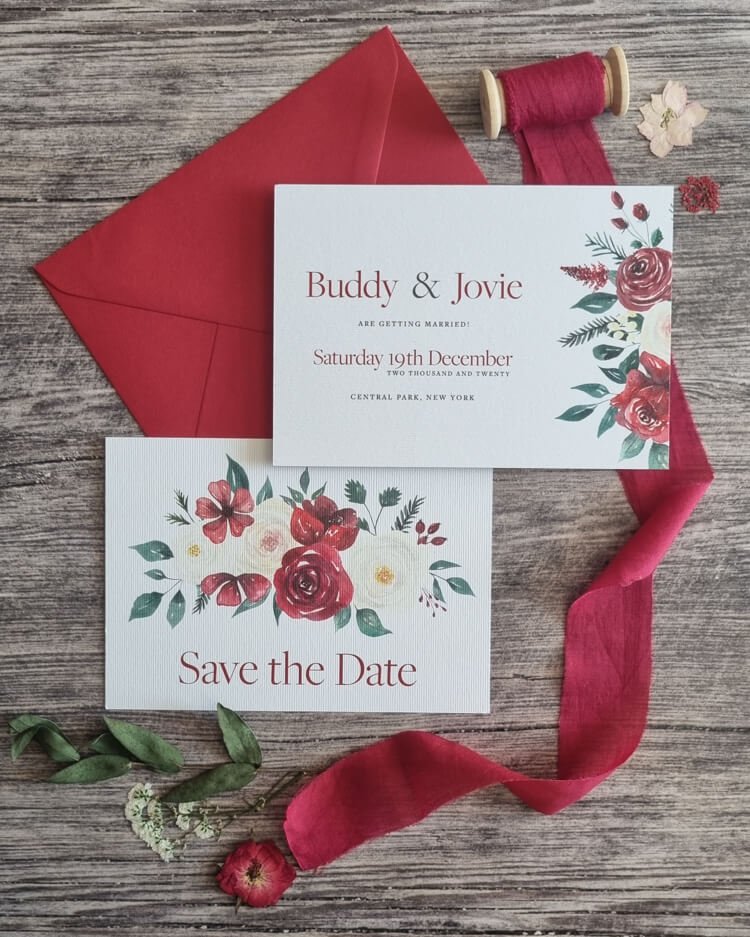 Festive Winter Floral Save the Dates - winter red floral wedding invitation design - Hawthorne and Ivory