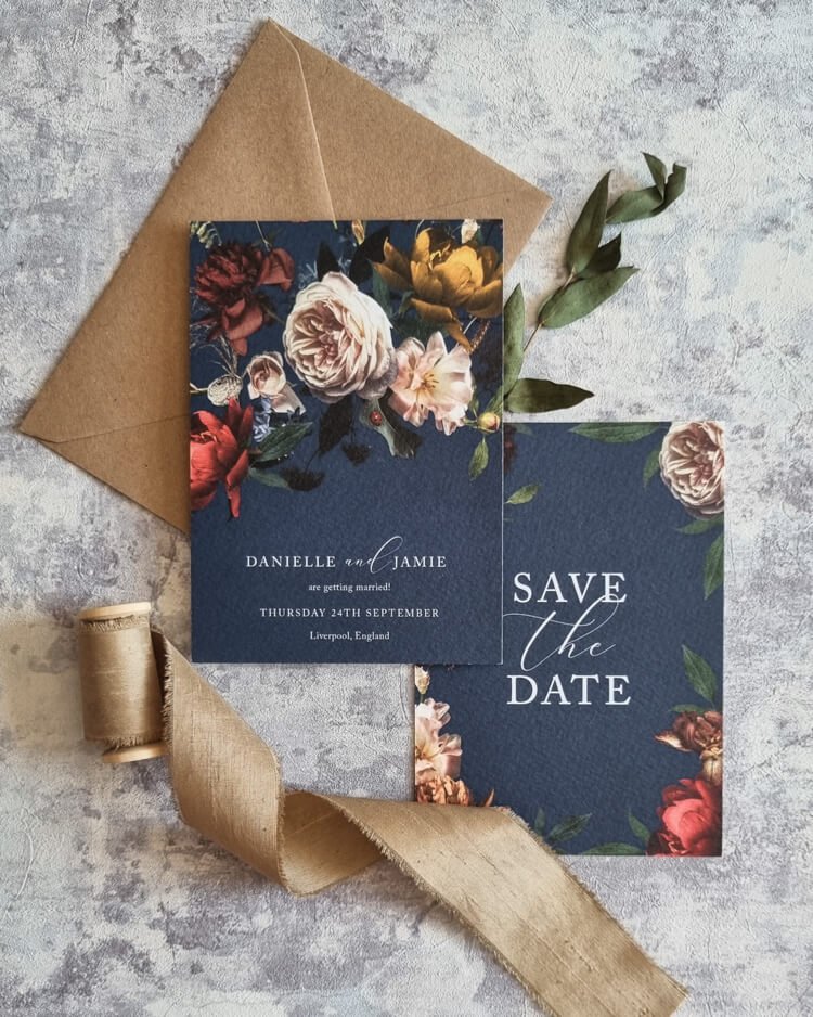 Dutch Masters Floral Save the Dates - jewel tone classic floral wedding invitation design - Hawthorne and Ivory