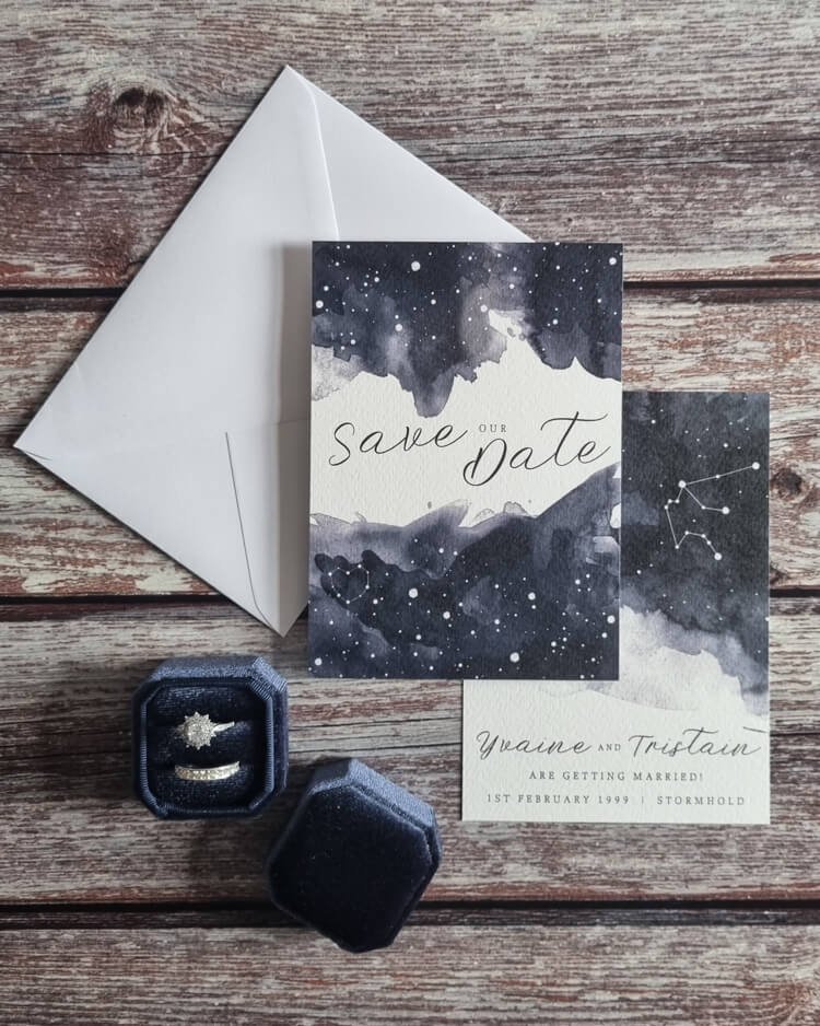 Starry Night Save the Dates - celestial navy blue wedding invitation design - Hawthorne and Ivory