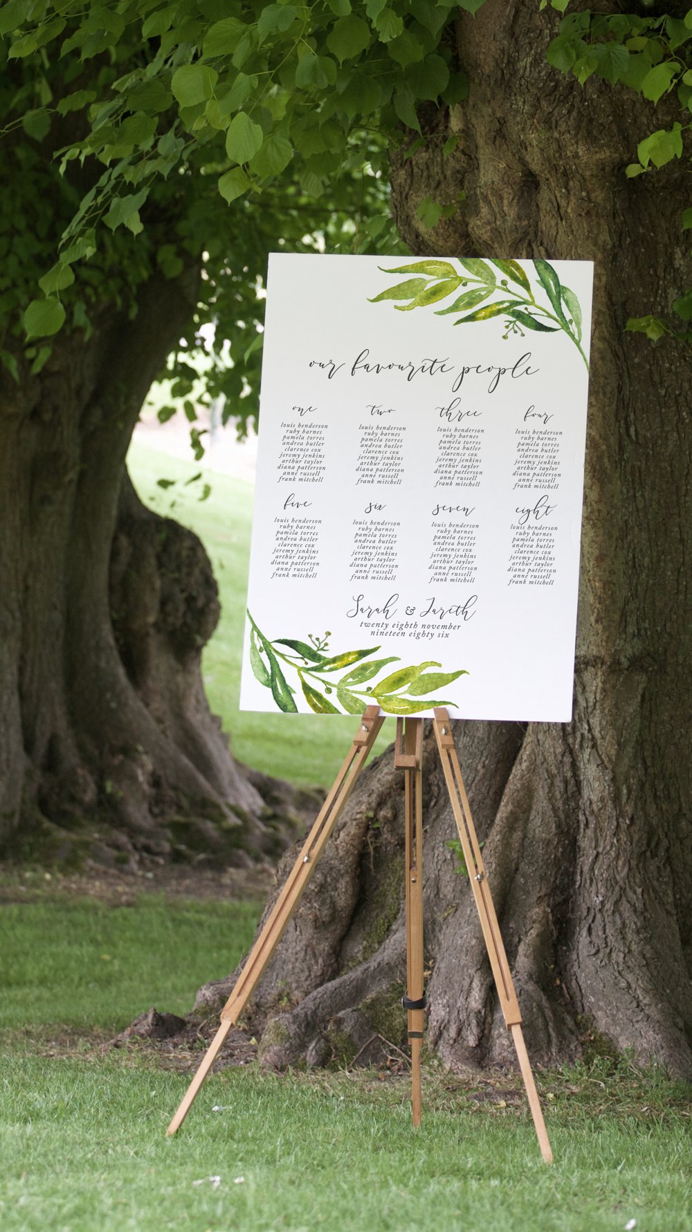 Olive Branch watercolour botanical seating chart wedding table plan