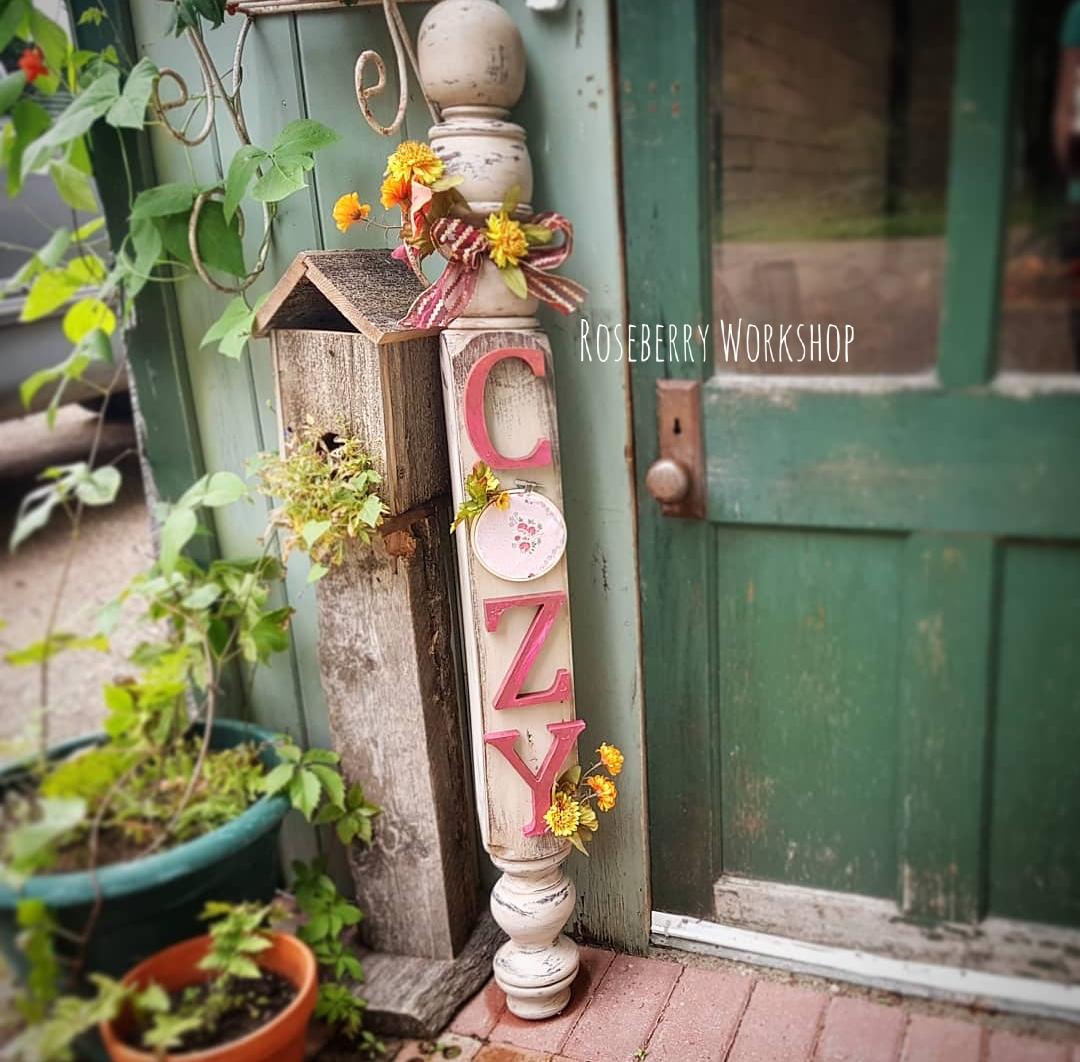 "COZY" Porch Post (Soft Grey &amp; Burgundy)