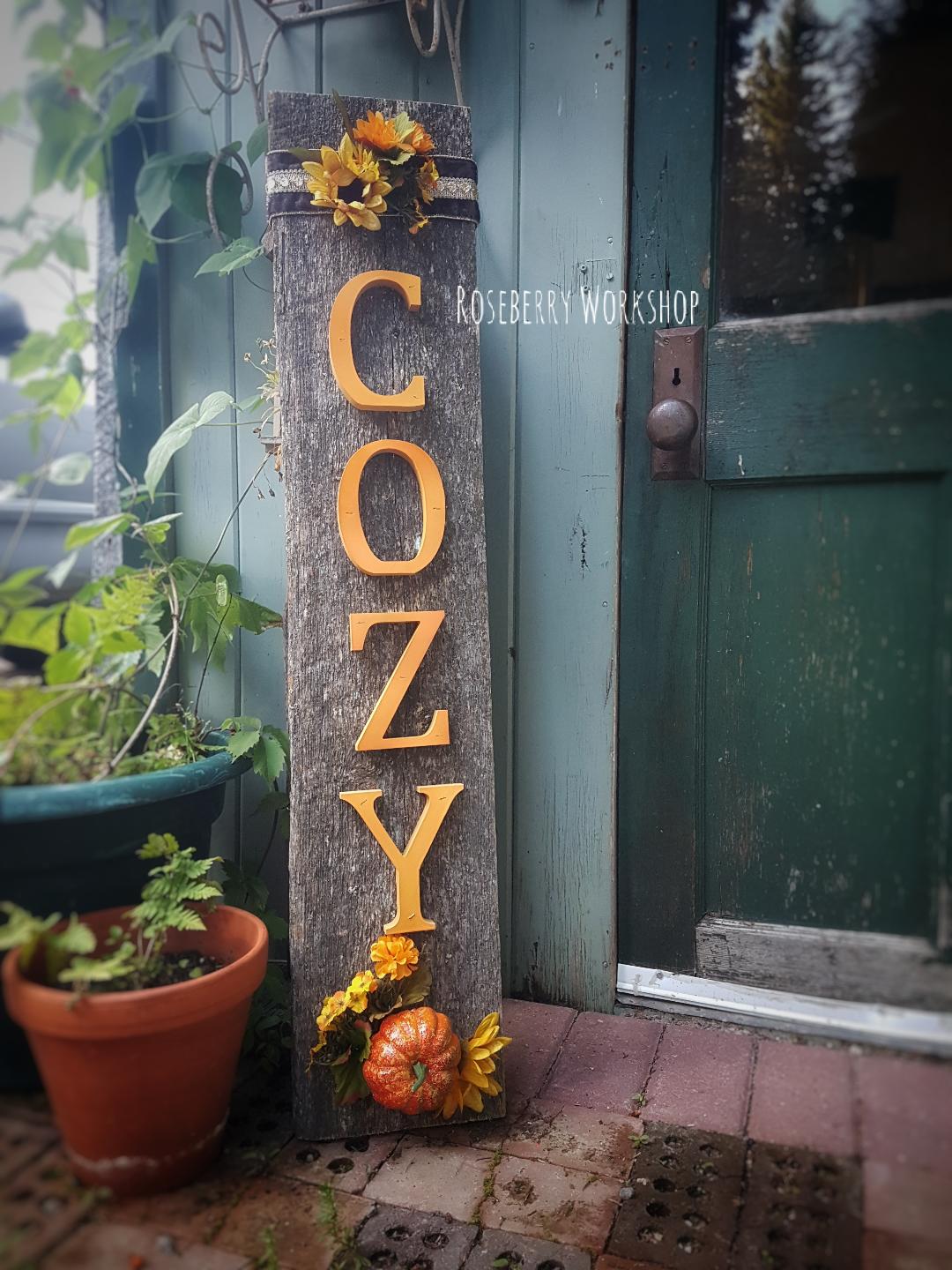 "COZY" Barnboard Sign (Yellow)